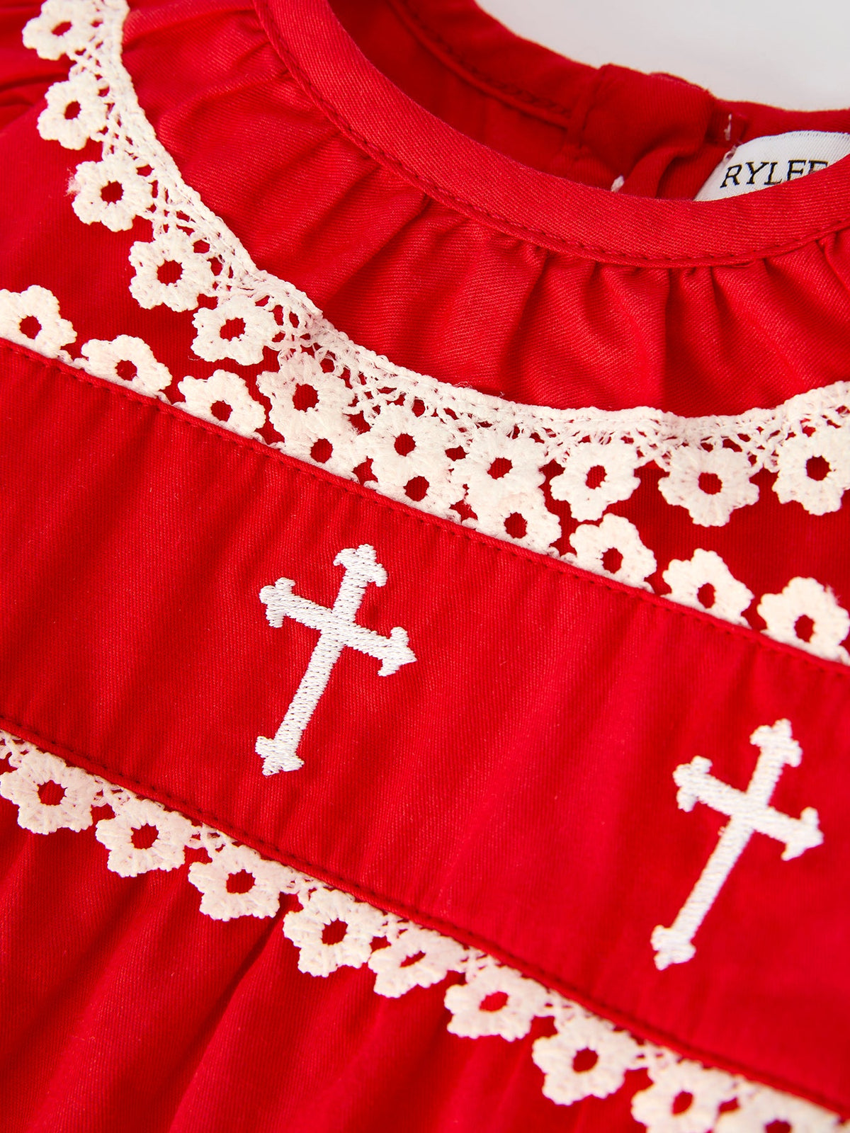 TEST VNS - Red Christmas Baby Girls Romper: Cross Embroidery with Lace Trim