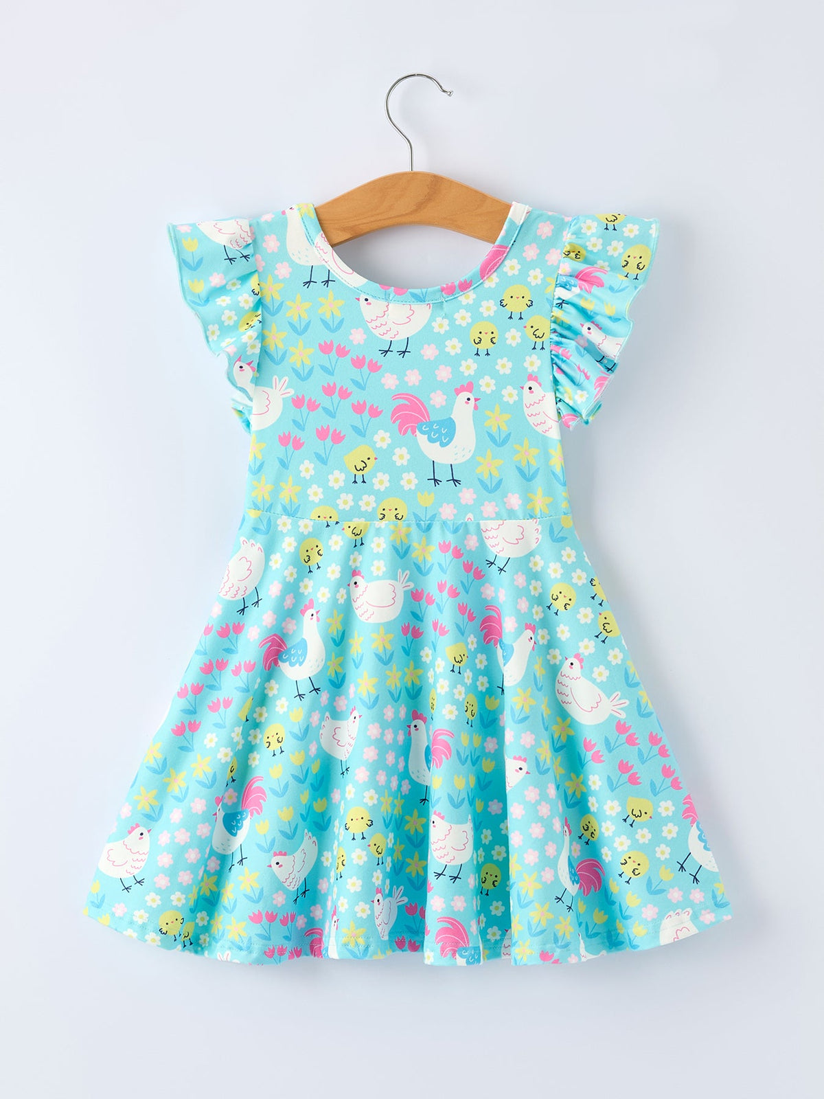 Vestido para niña con estampado floral de granja y pollos de Aqua Spring