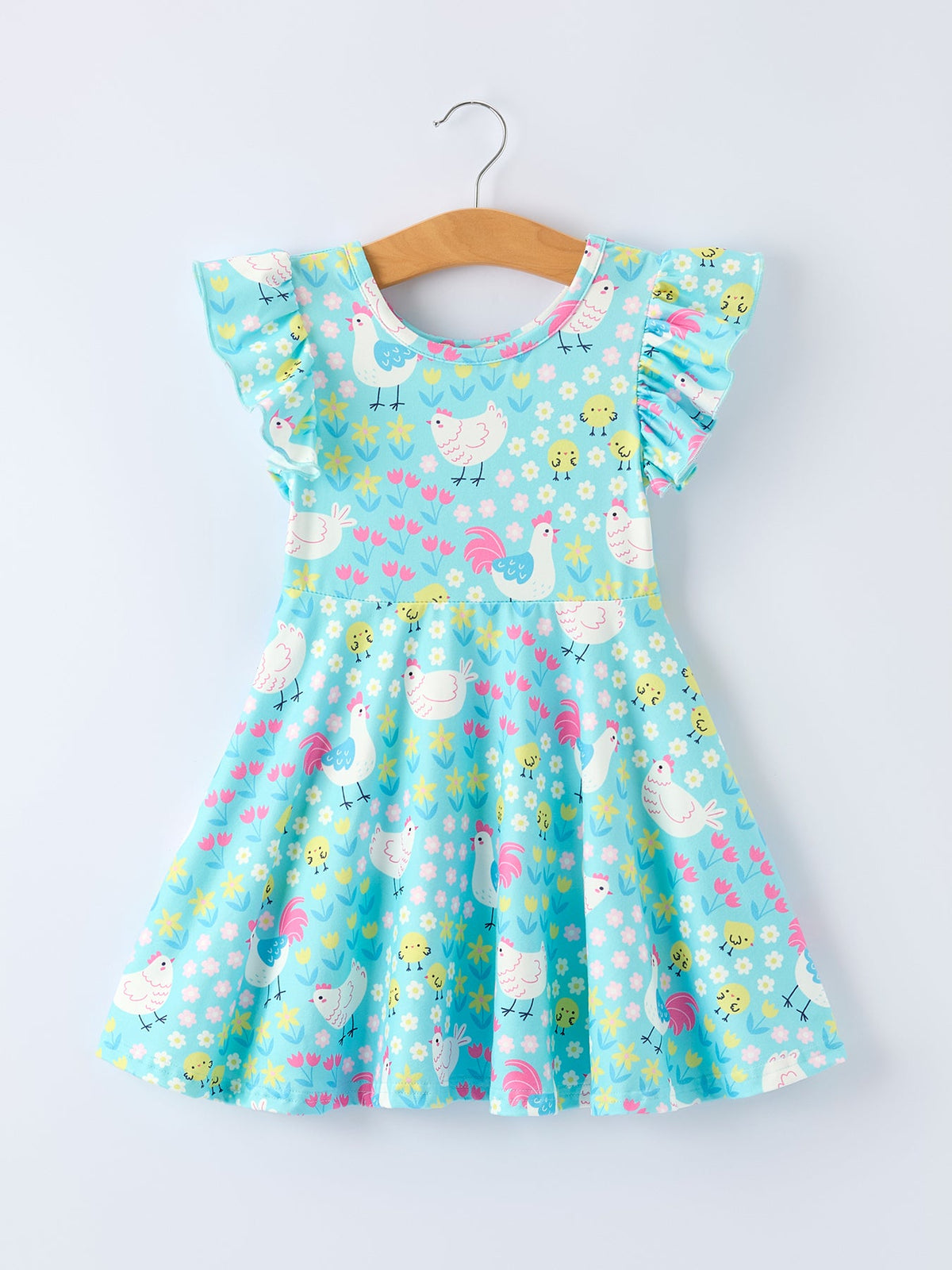 Vestido para niña con estampado floral de granja y pollos de Aqua Spring