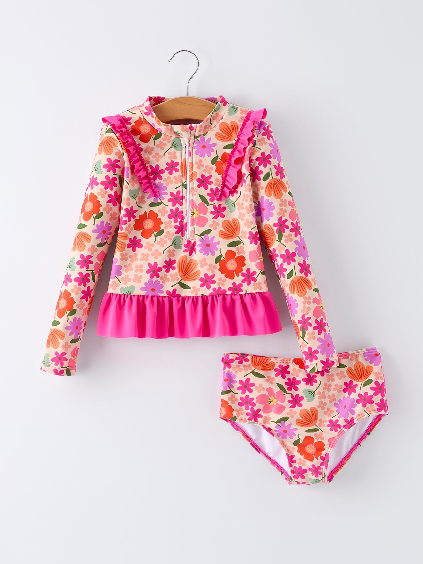 Conjunto de traje de baño de manga larga con volantes florales de verano para niña