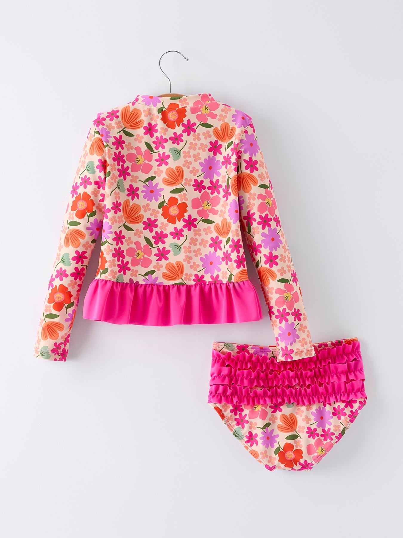 Conjunto de traje de baño de manga larga con volantes florales de verano para niña
