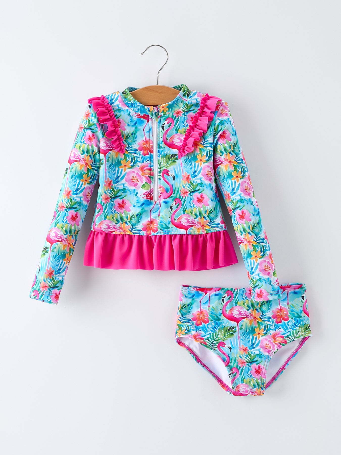 Conjunto de traje de baño de manga larga para niña con flamencos de verano