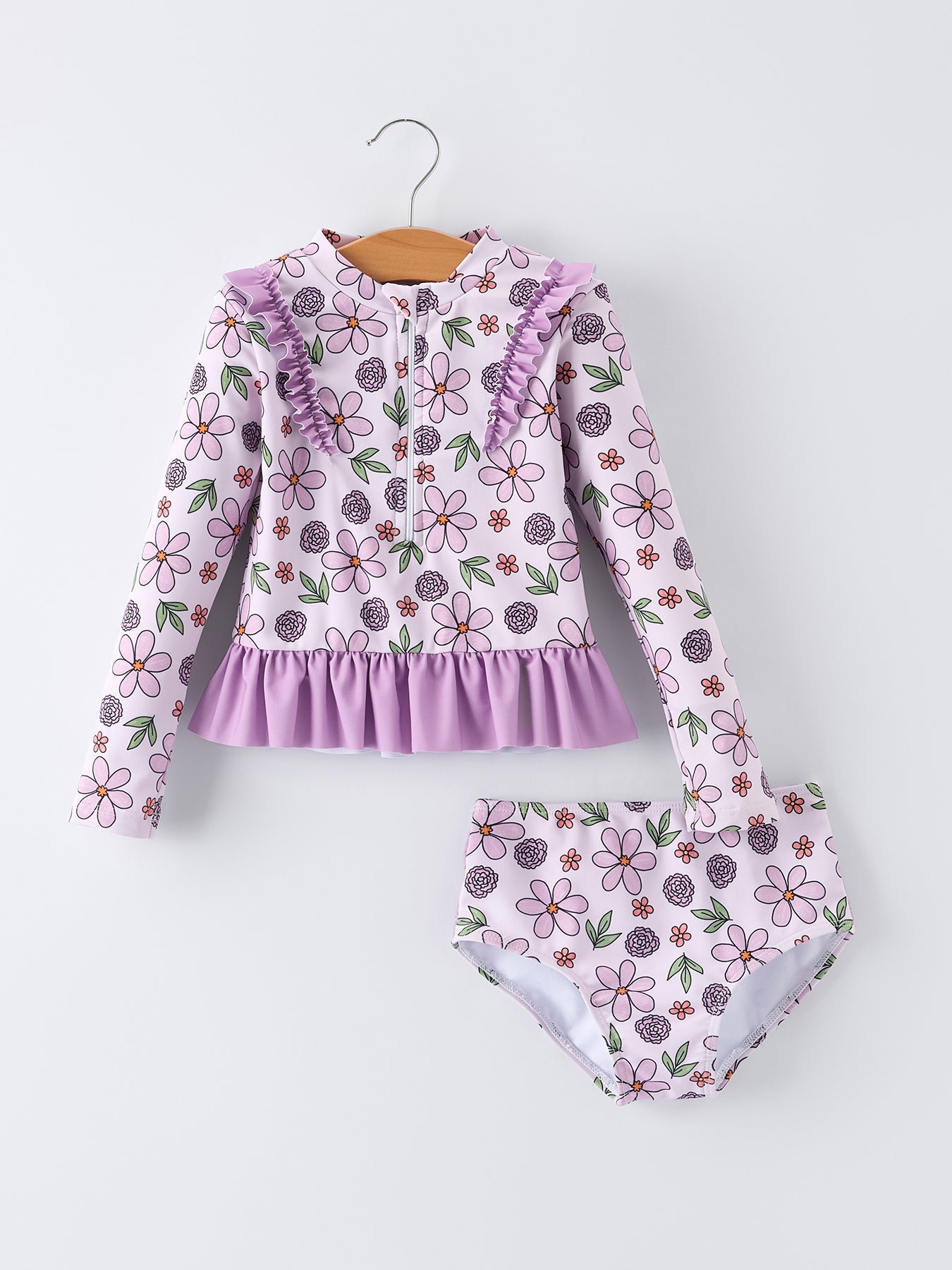 Conjunto de traje de baño de manga larga con estampado floral morado de verano para niña