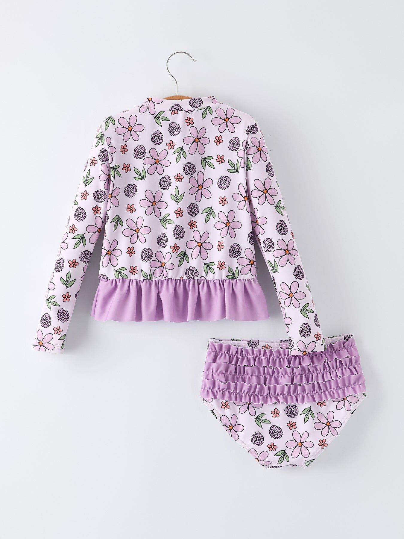 Conjunto de traje de baño de manga larga con estampado floral morado de verano para niña
