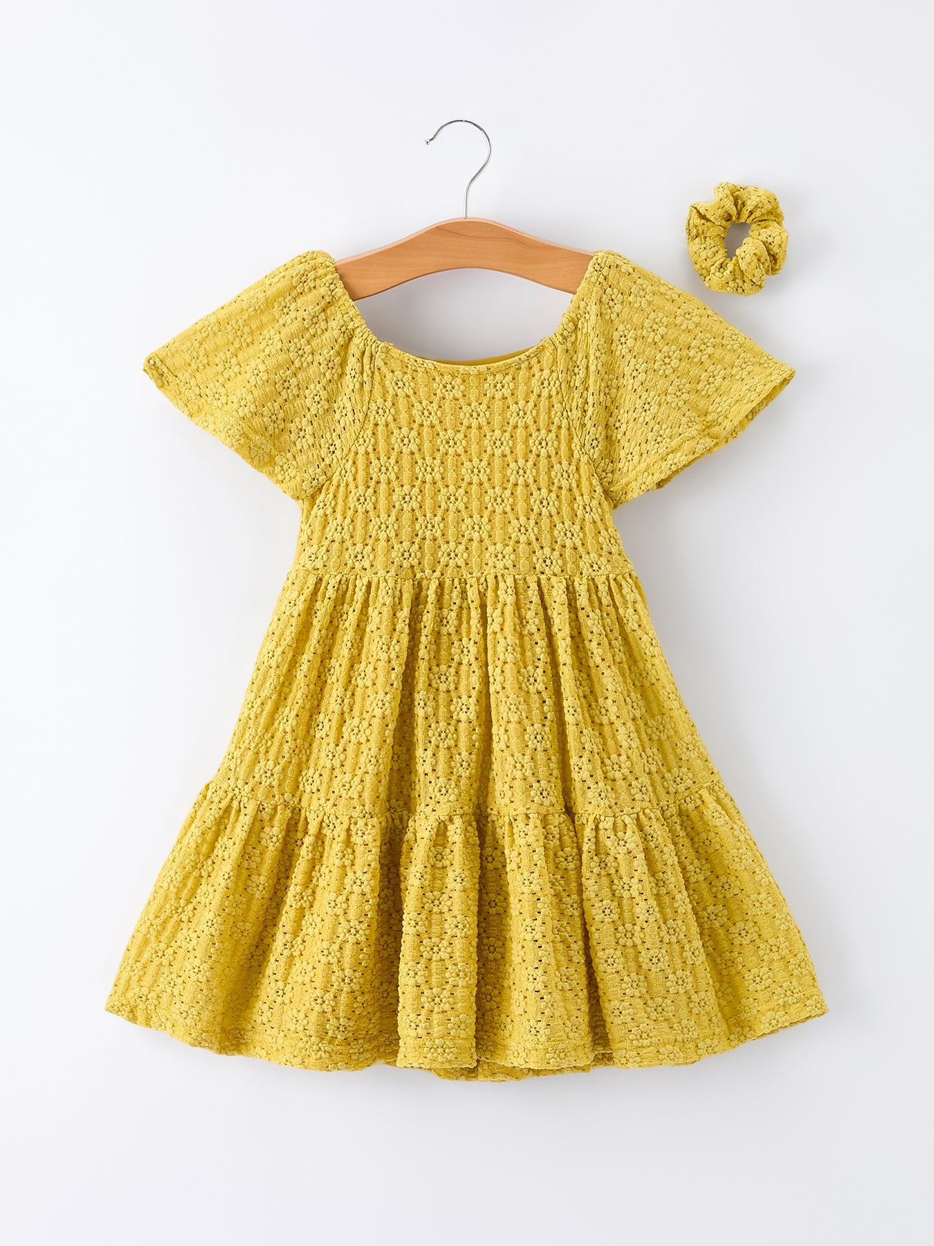 Vestido de encaje escalonado con coletero para niña, liso, de primavera