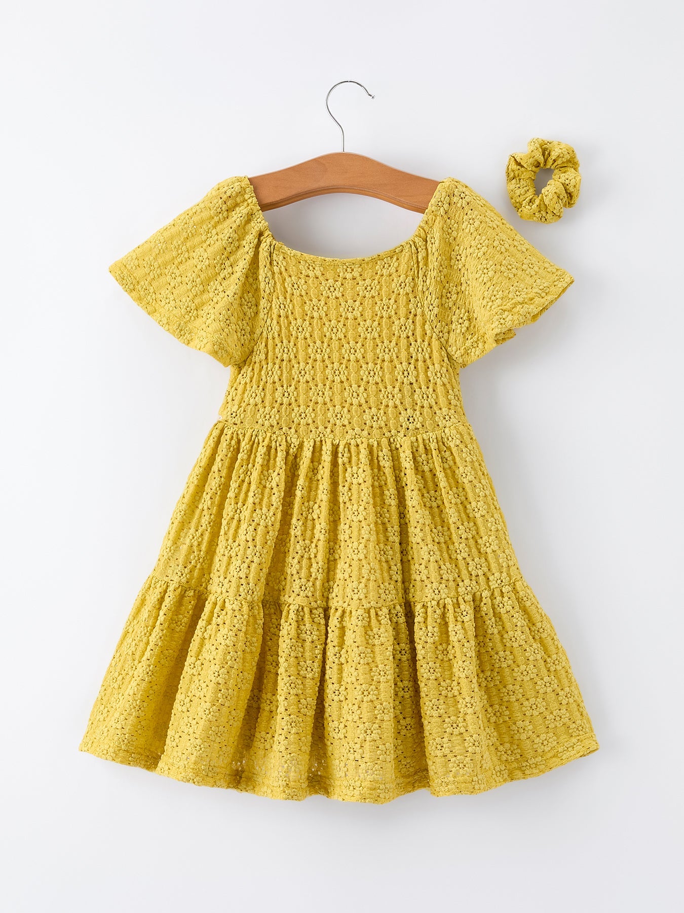 Vestido de encaje escalonado con coletero para niña, liso, de primavera