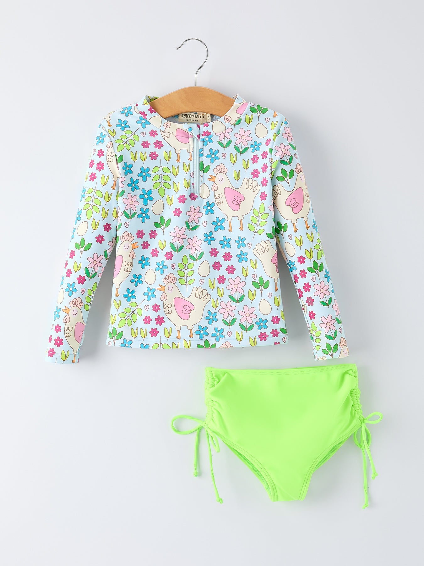 Conjunto de baño de manga larga para niñas con estampado de pollo de verano