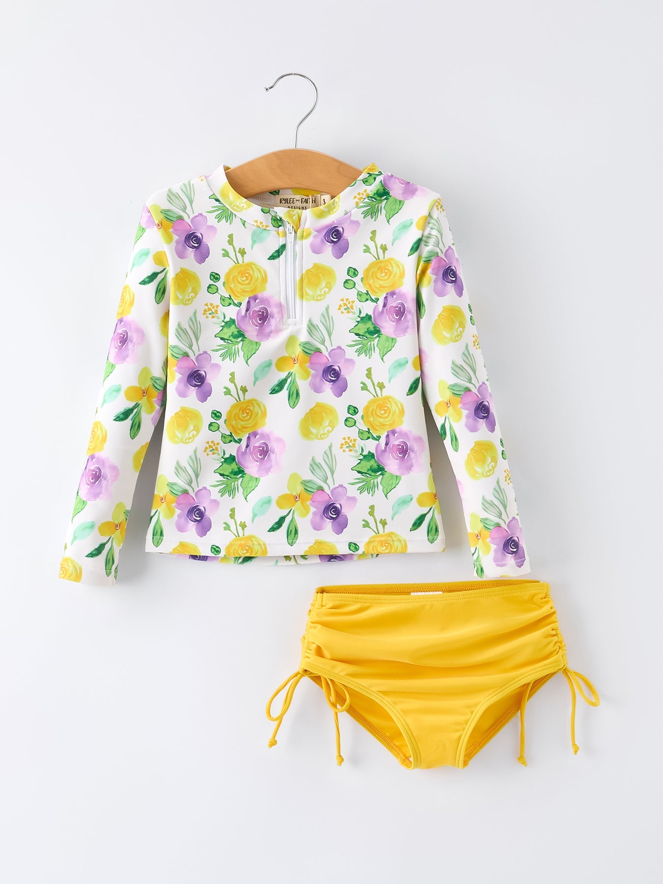 Conjunto de baño de manga larga para niñas con estampado floral amarillo de verano
