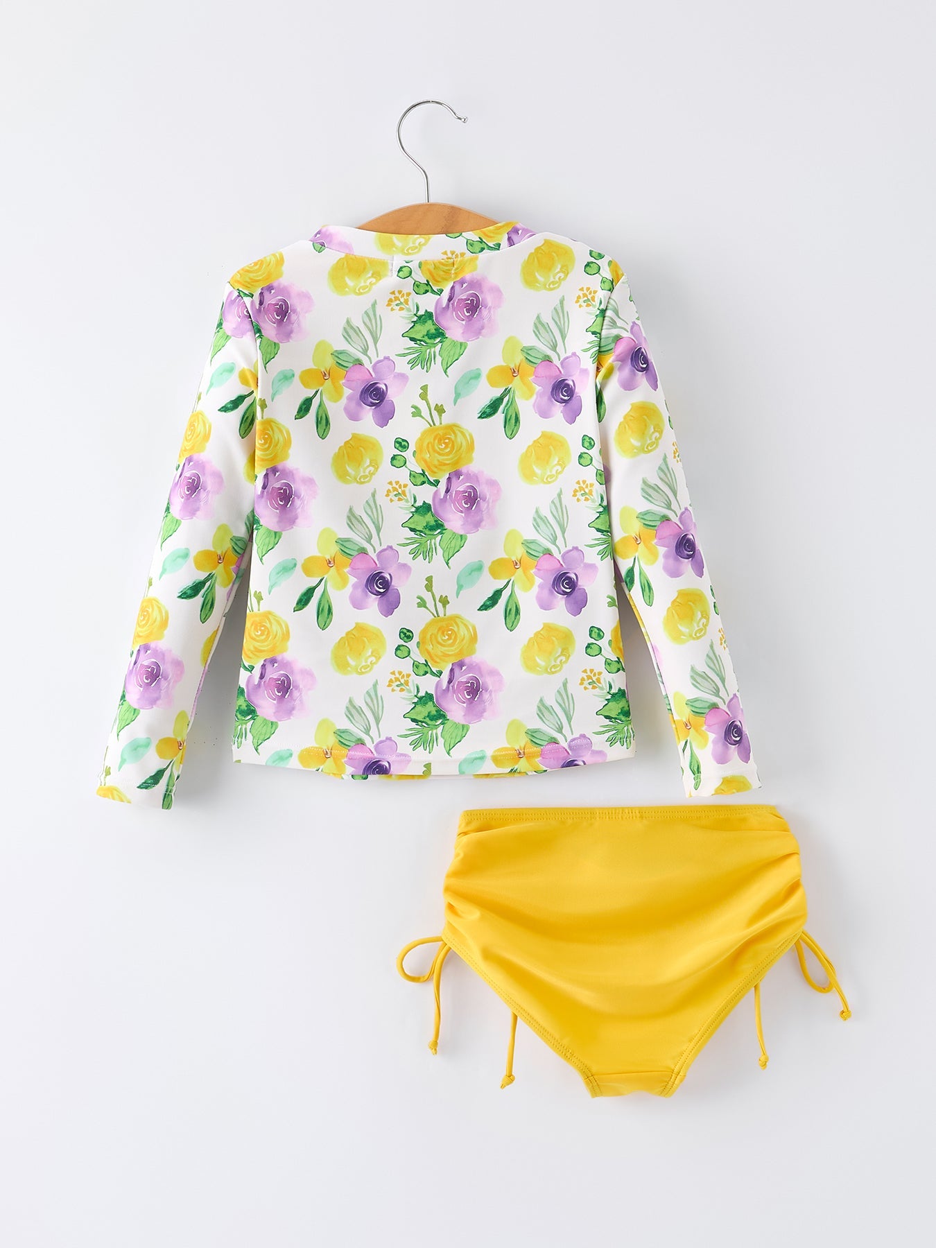 Conjunto de baño de manga larga para niñas con estampado floral amarillo de verano