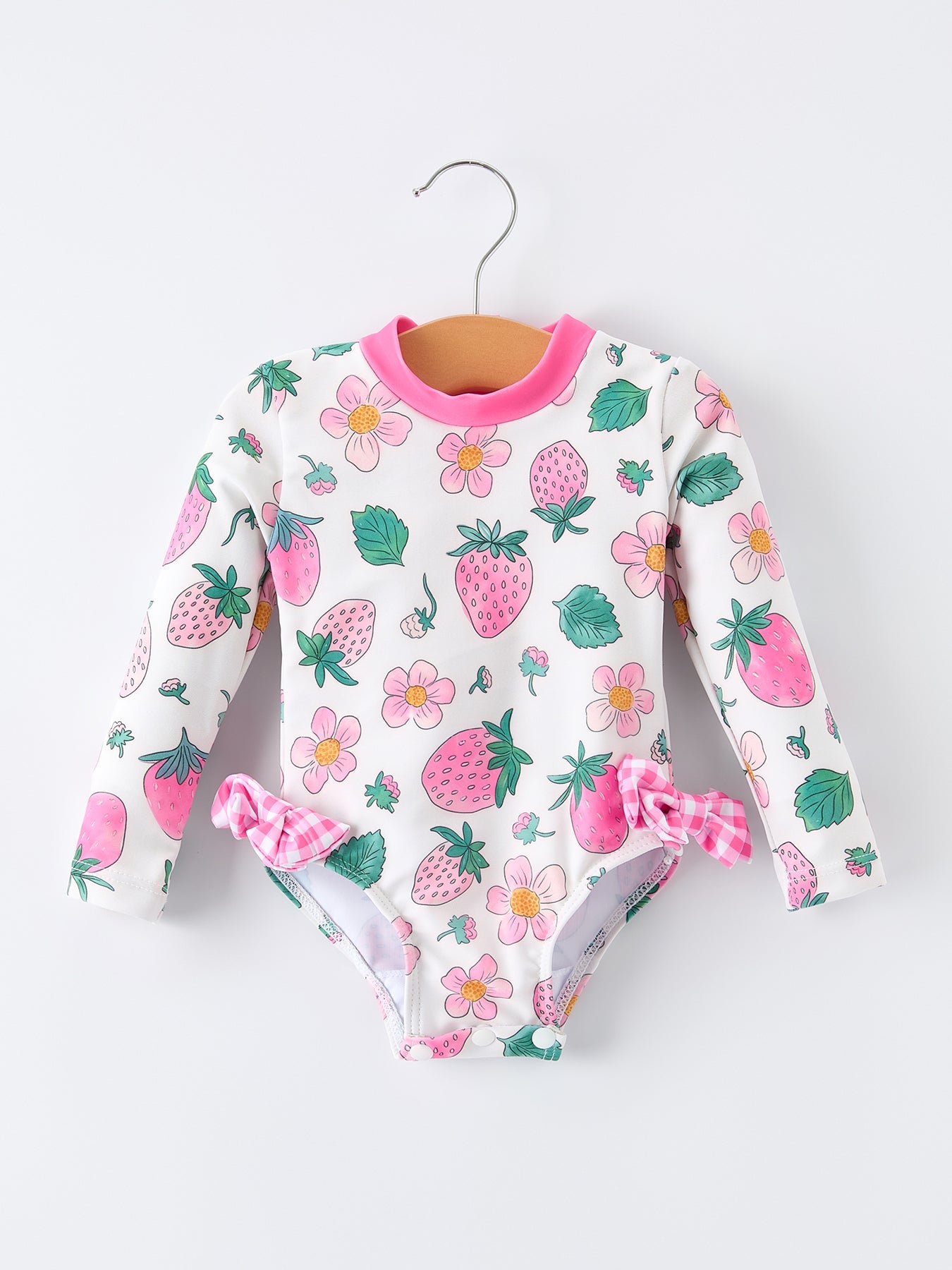 Traje de baño de una pieza de manga larga con estampado floral de fresas para niñas