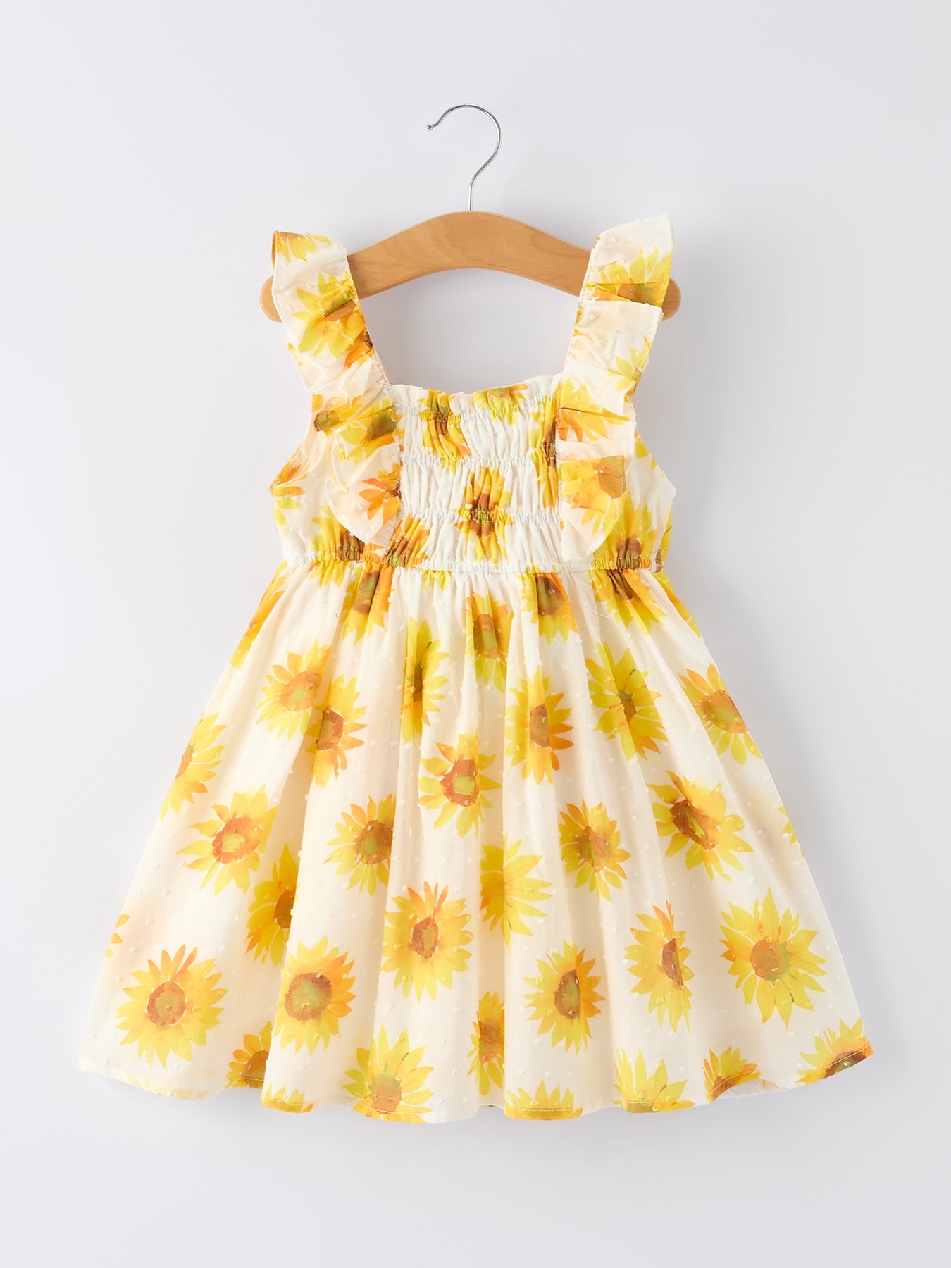 Vestido fruncido con volantes y estampado de girasoles para niñas