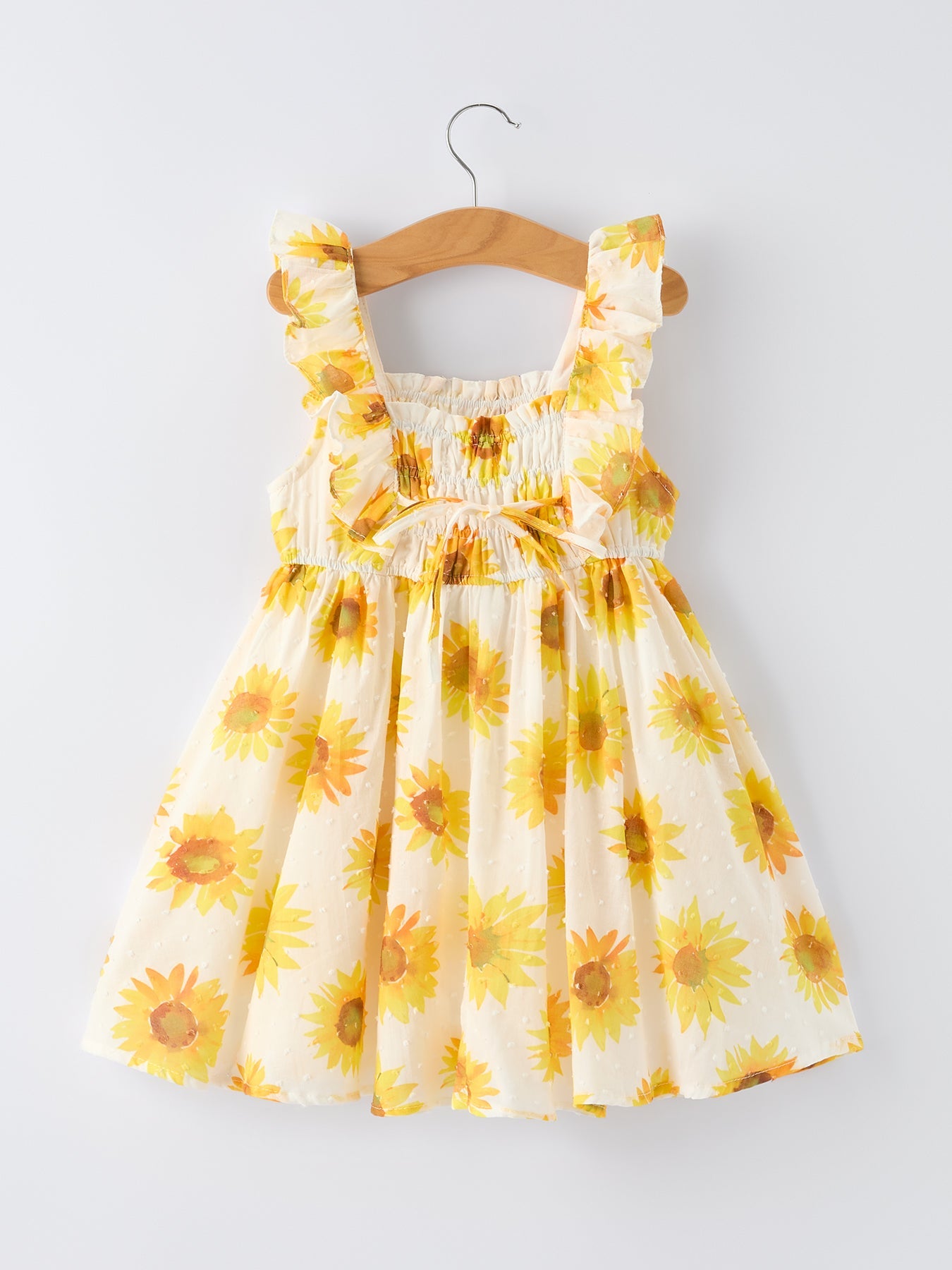 Vestido fruncido con volantes y estampado de girasoles para niñas