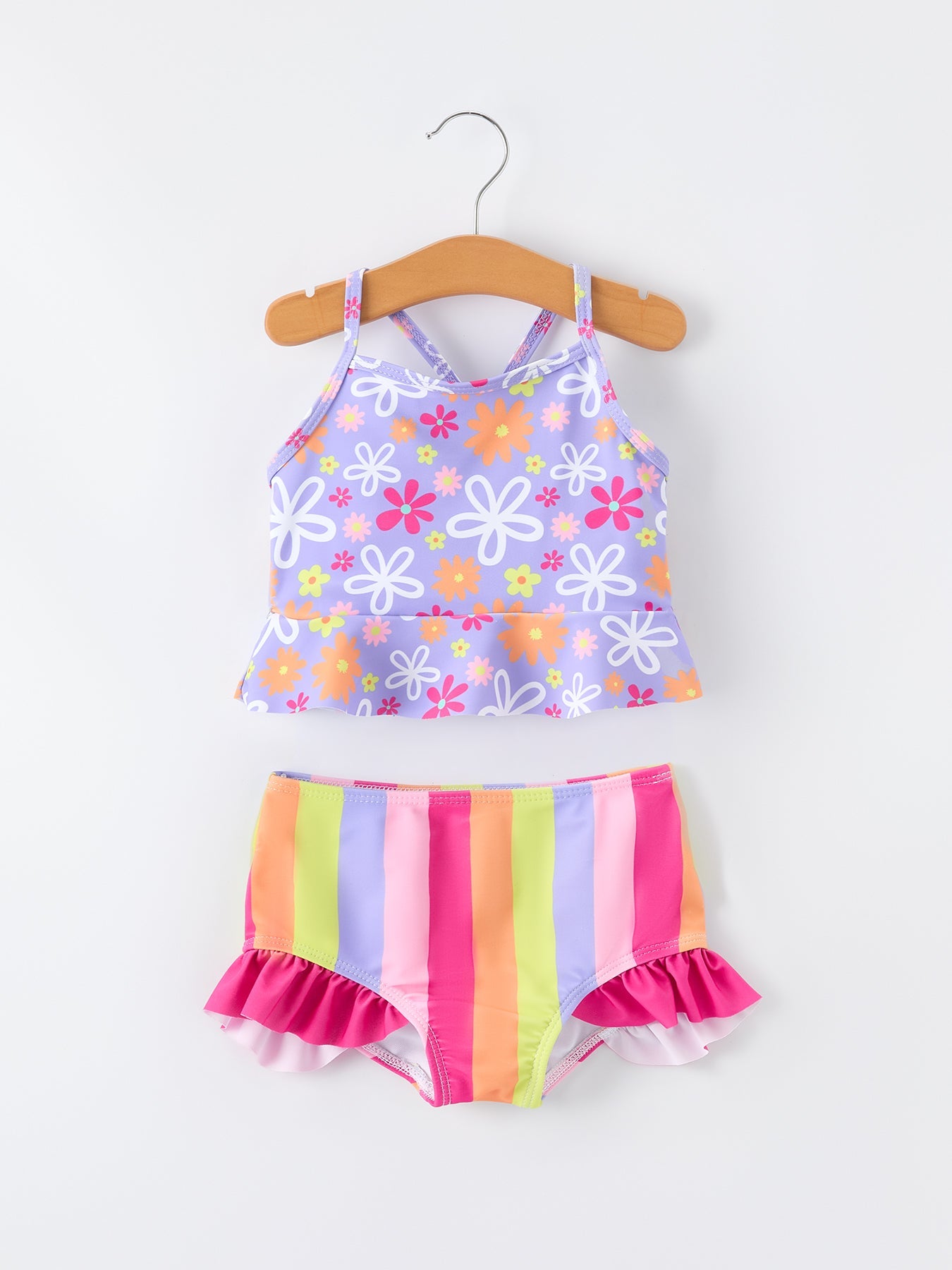 Traje de baño de dos piezas a rayas de arcoíris de verano para niñas