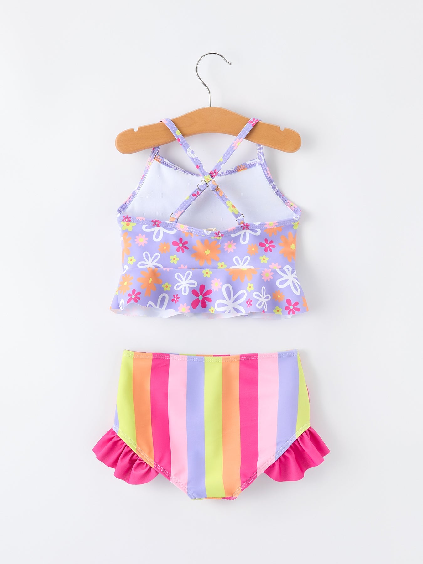 Traje de baño de dos piezas a rayas de arcoíris de verano para niñas