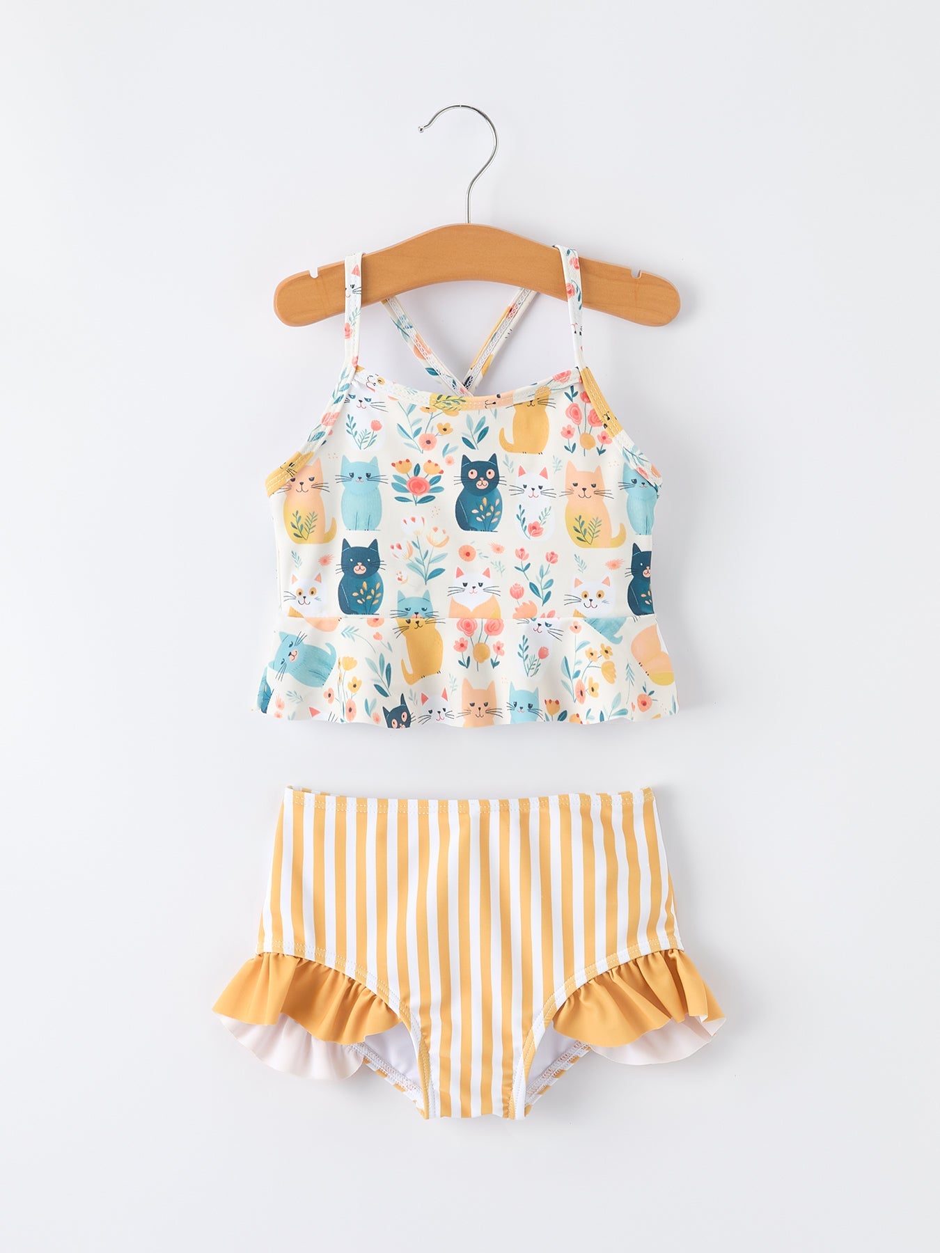 Traje de baño de dos piezas para niñas con estampado de gato veraniego