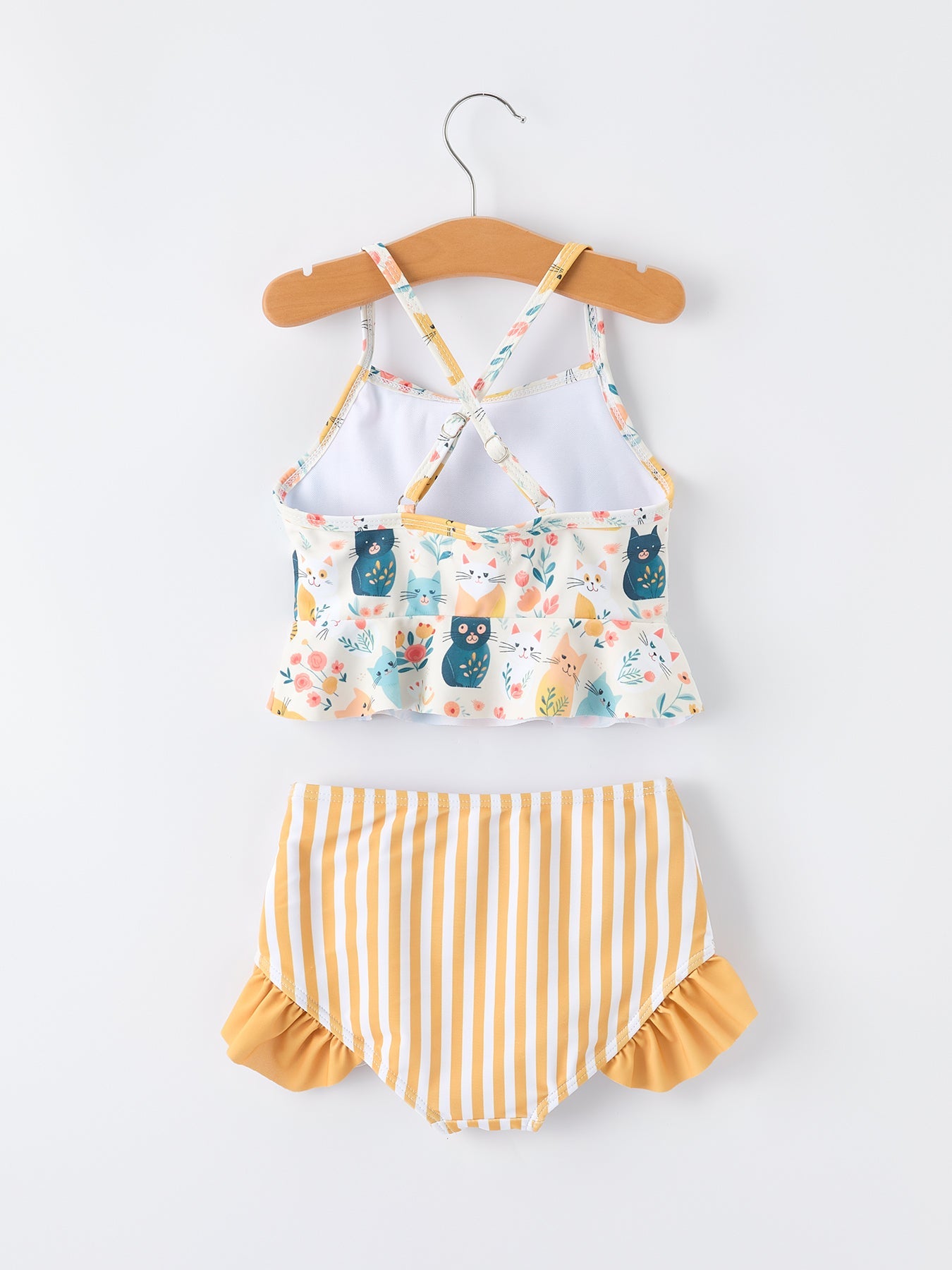 Traje de baño de dos piezas para niñas con estampado de gato veraniego