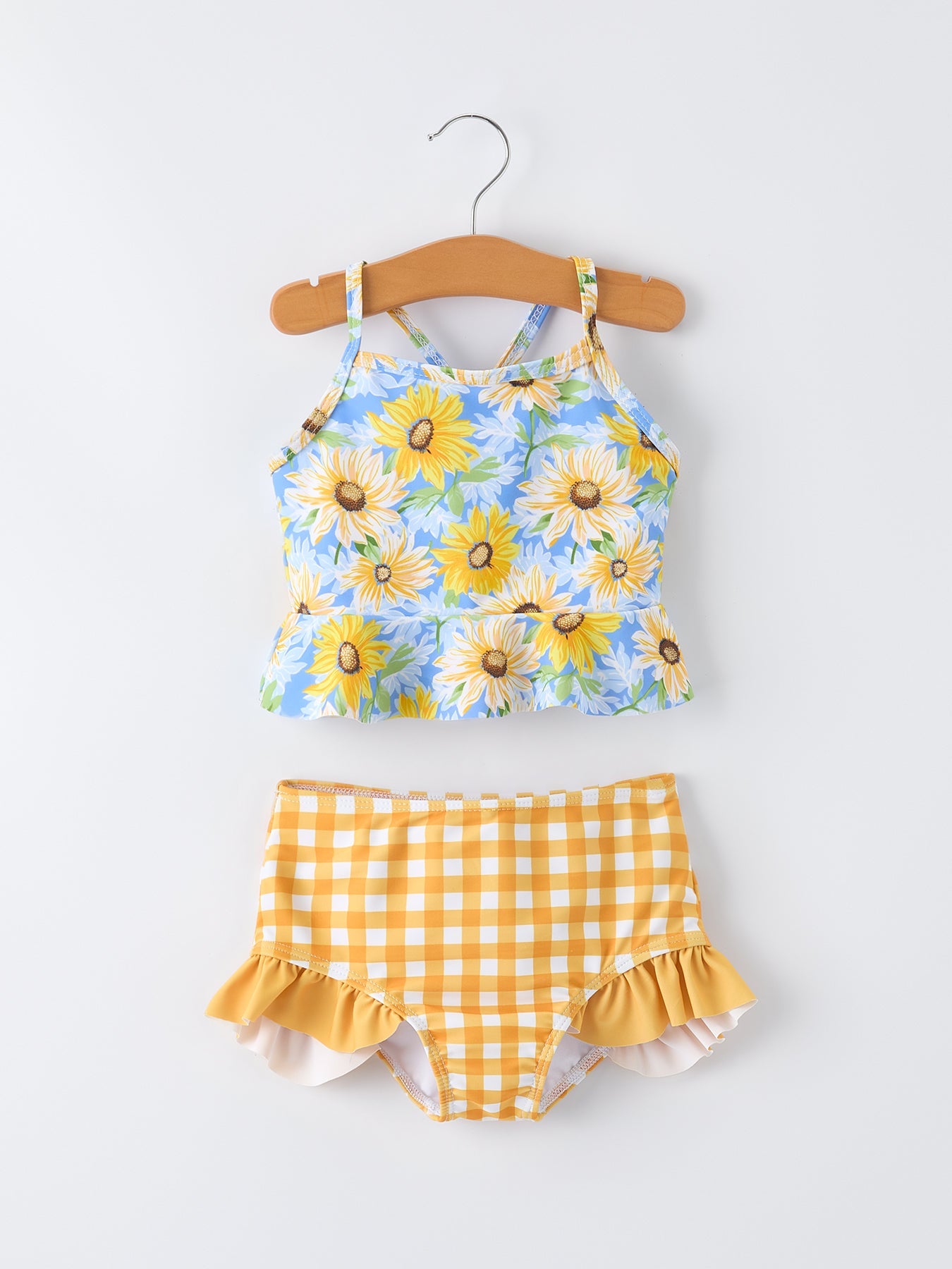 Traje de baño de dos piezas a cuadros de girasol de verano para niñas