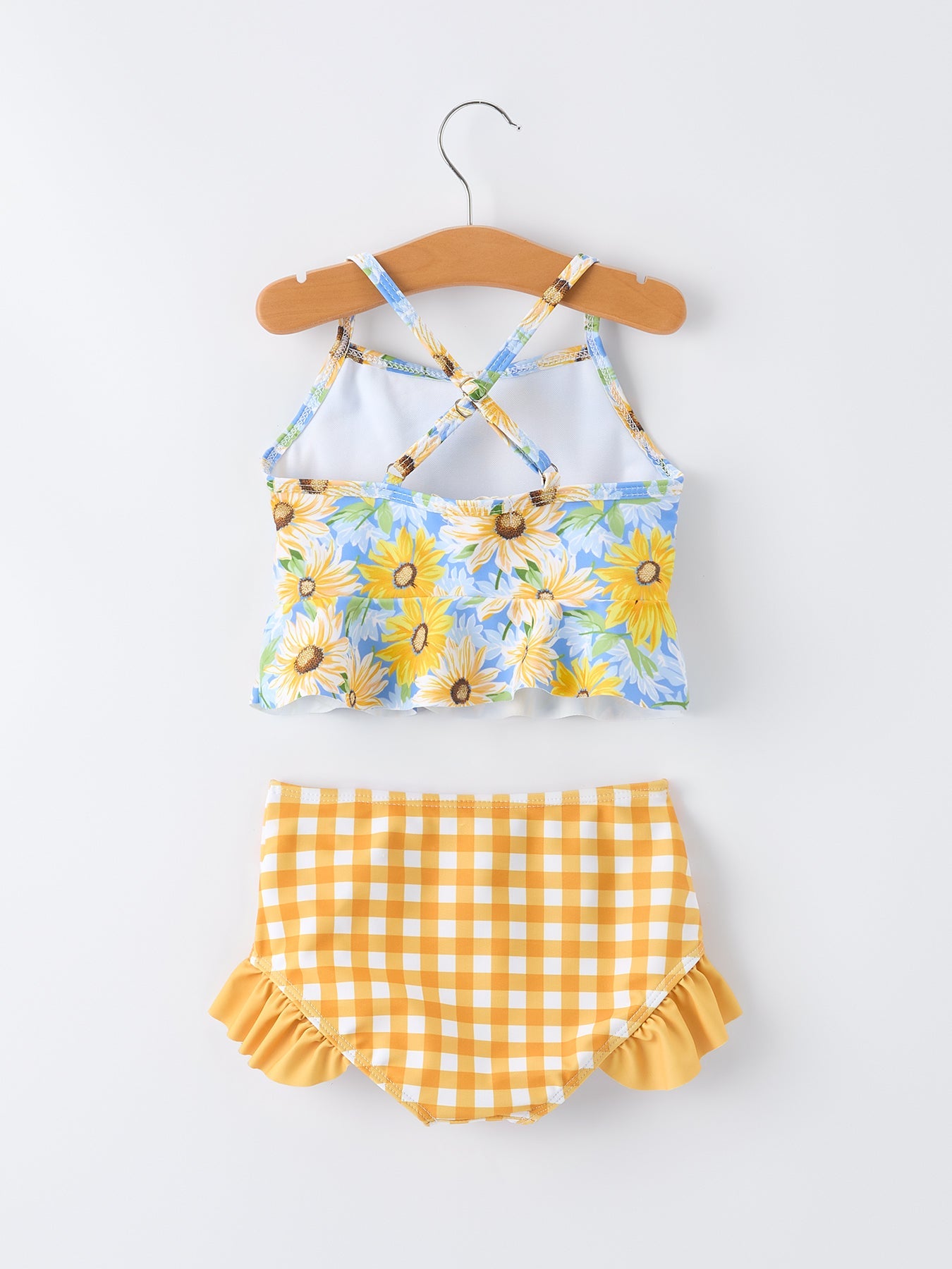 Traje de baño de dos piezas a cuadros de girasol de verano para niñas
