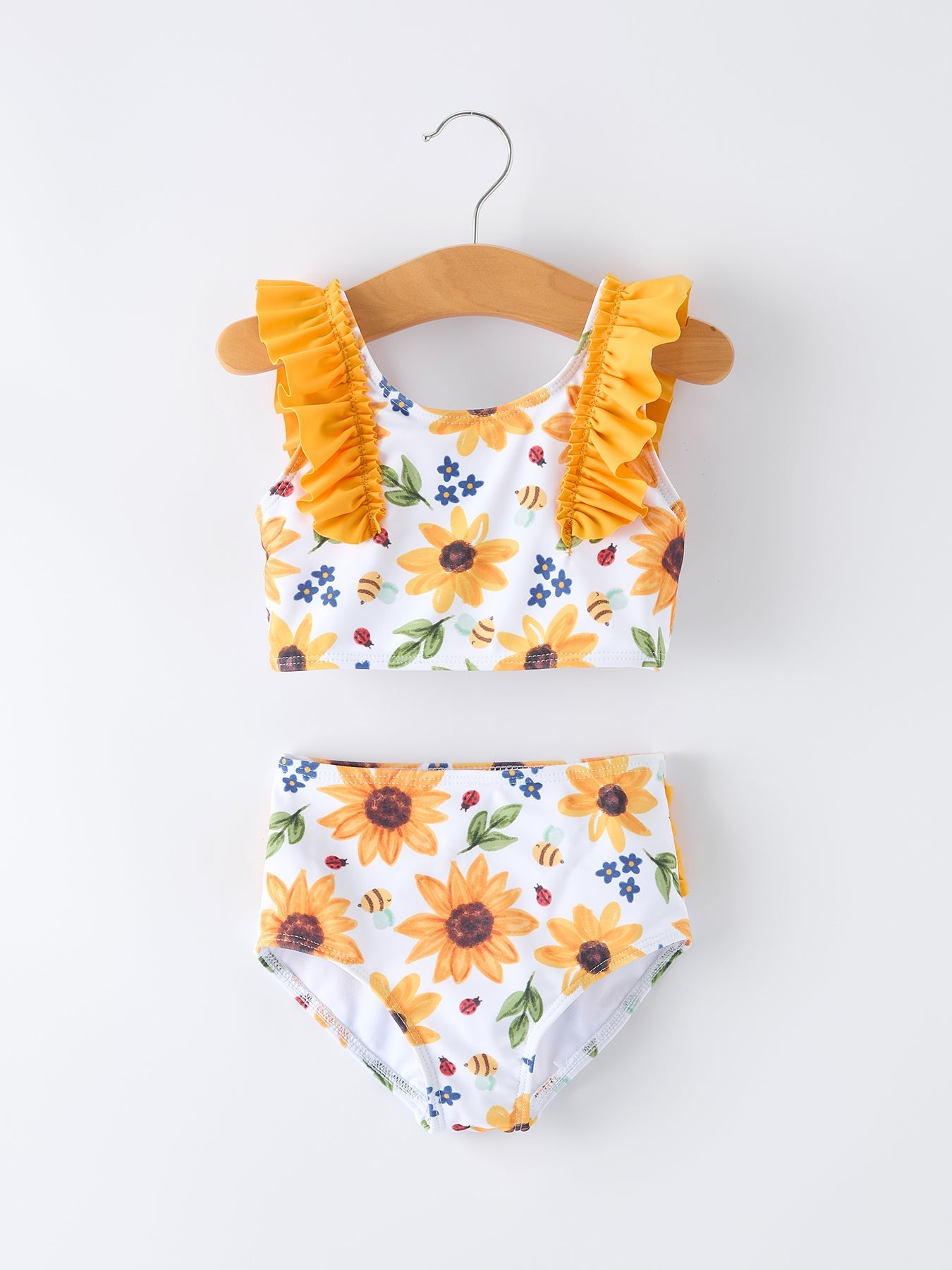 Traje de baño de dos piezas para niña con estampado de girasoles y tirantes con volantes