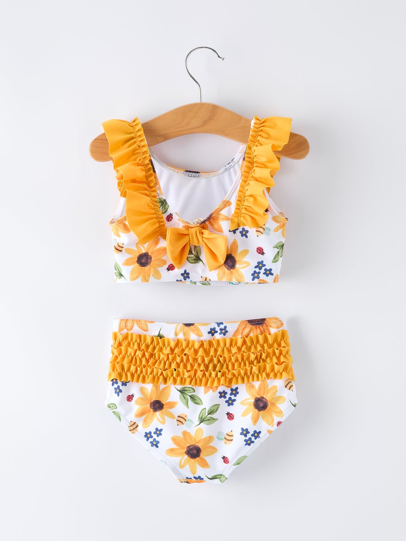 Traje de baño de dos piezas para niña con estampado de girasoles y tirantes con volantes