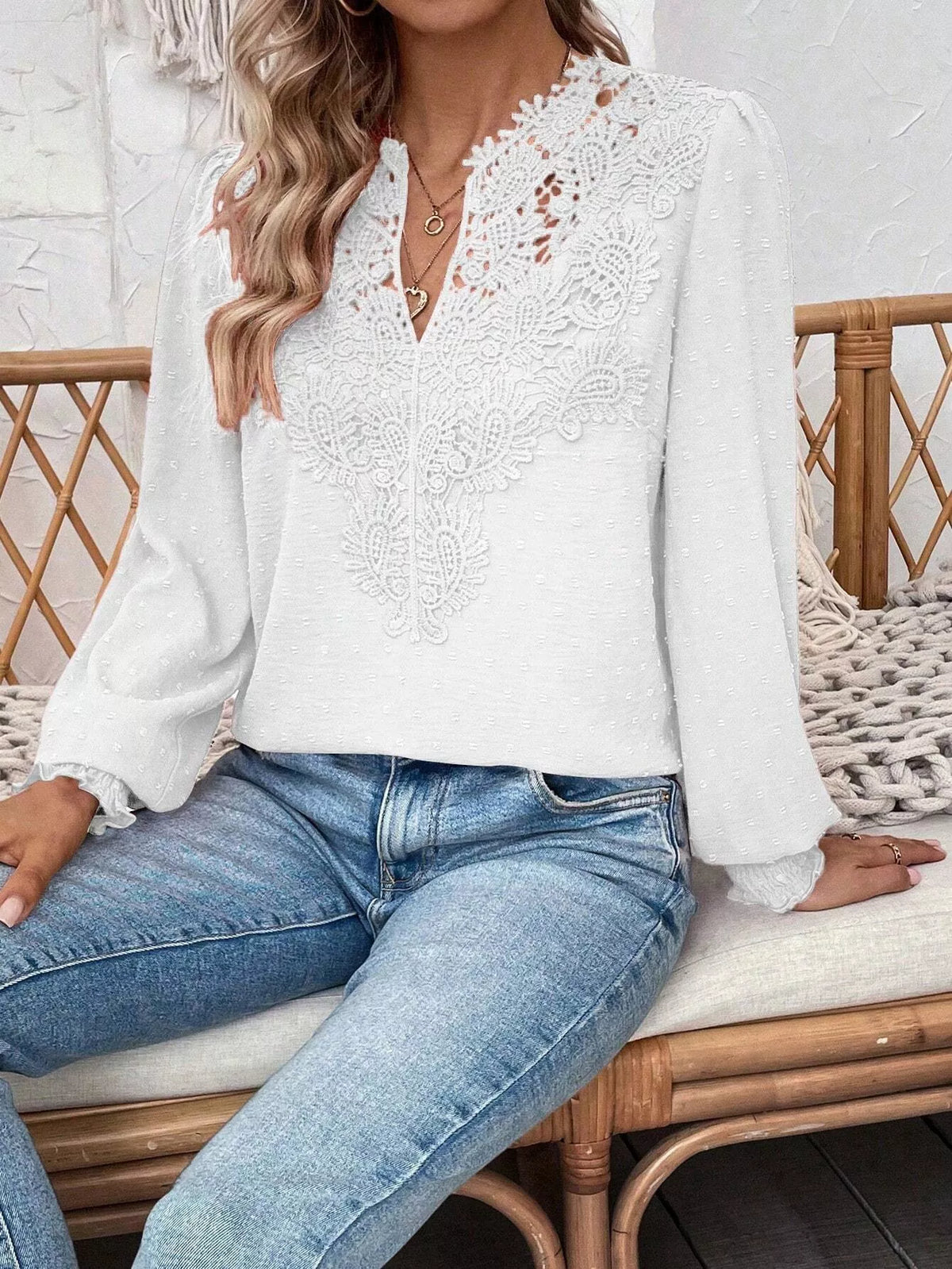 Lace Trim Long Sleeve Blouse