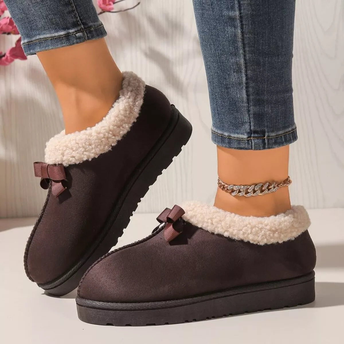 Pantuflas Forradas de Peluche Suaves con Lazo