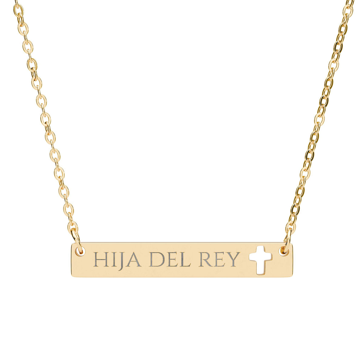 Collar con barra transversal y cruz recortada grabada — "Hija del Rey"