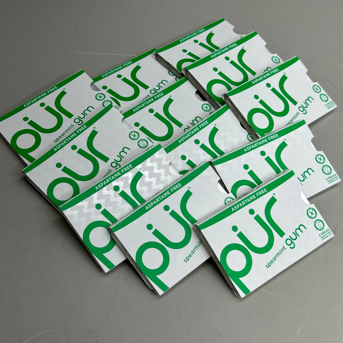 Chicle de hierbabuena sin azúcar PUR (sin aspartamo) – 12 paquetes (9 unidades cada uno)