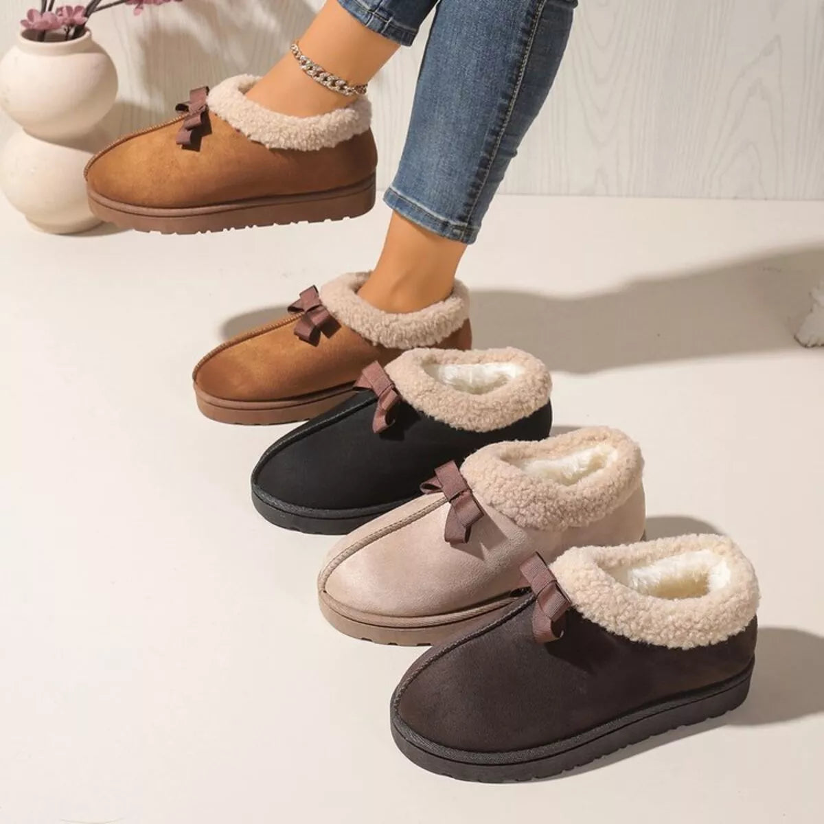 Pantuflas Forradas de Peluche Suaves con Lazo