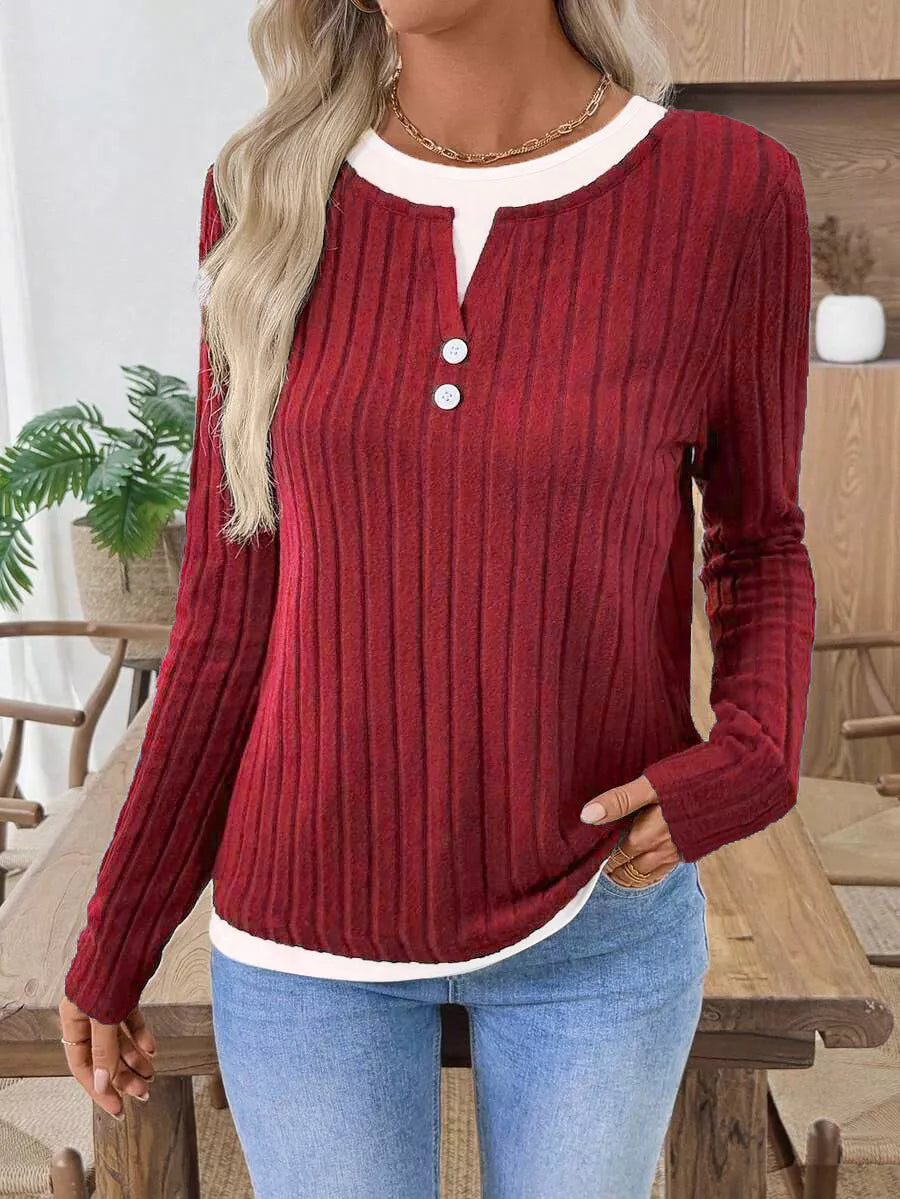 Camiseta Henley de manga larga de punto acanalado