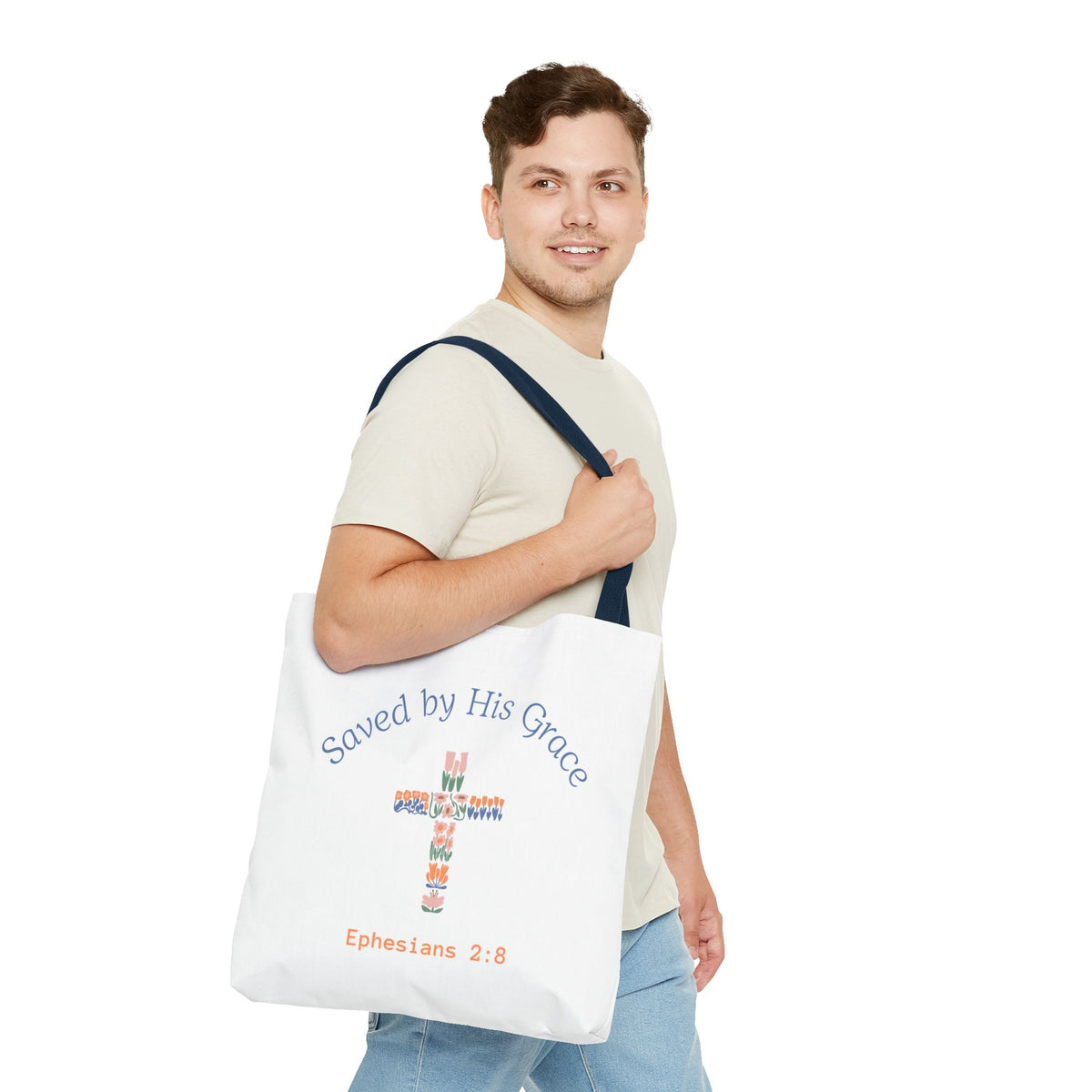 Bolsa tote cristiana — "Salva por Su gracia"