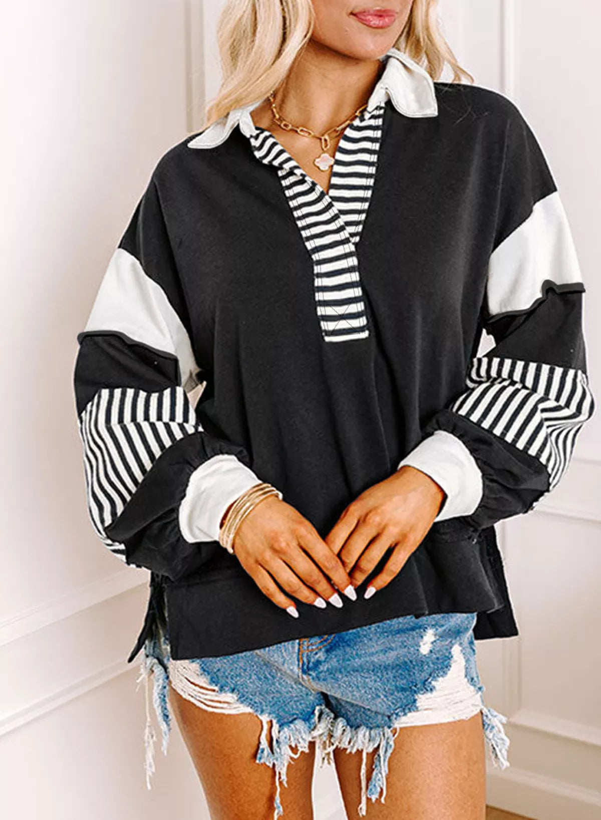 Sudadera con cuello Johnny, bloques de color y rayas