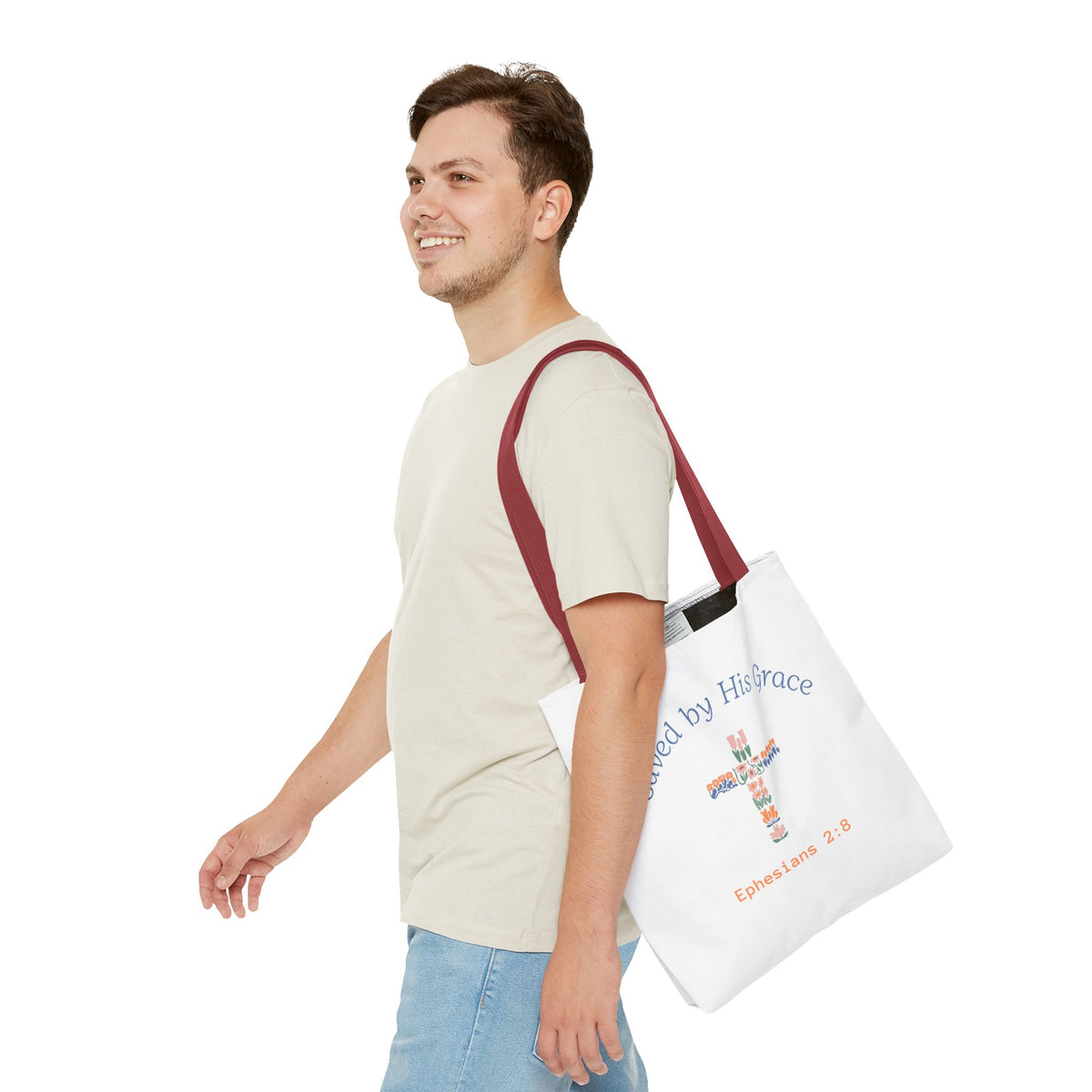 Bolsa tote cristiana — "Salva por Su gracia"