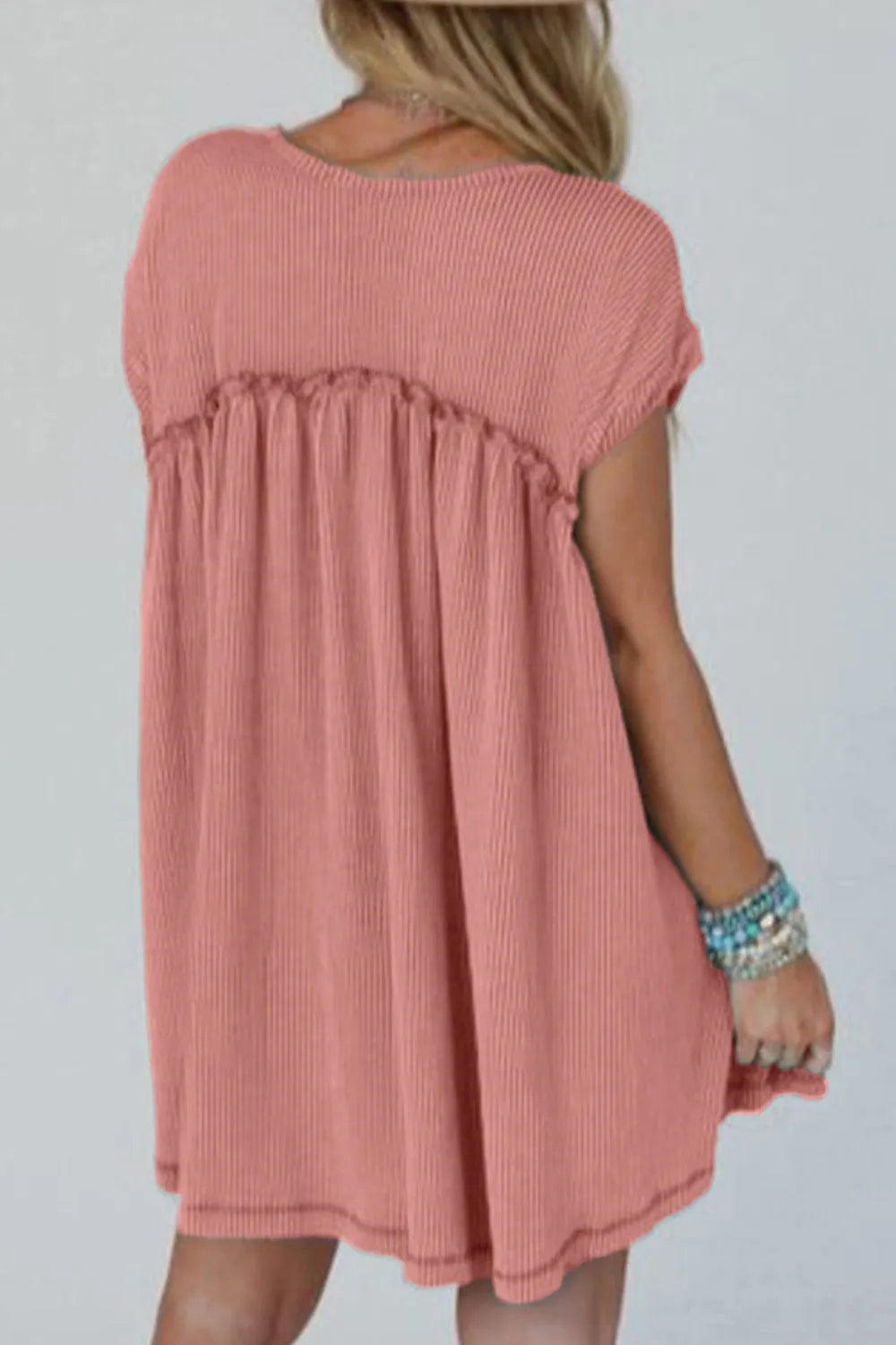 Corded Knit Textured Patched Pocket Frilled Swing Mini Dress with Pockets