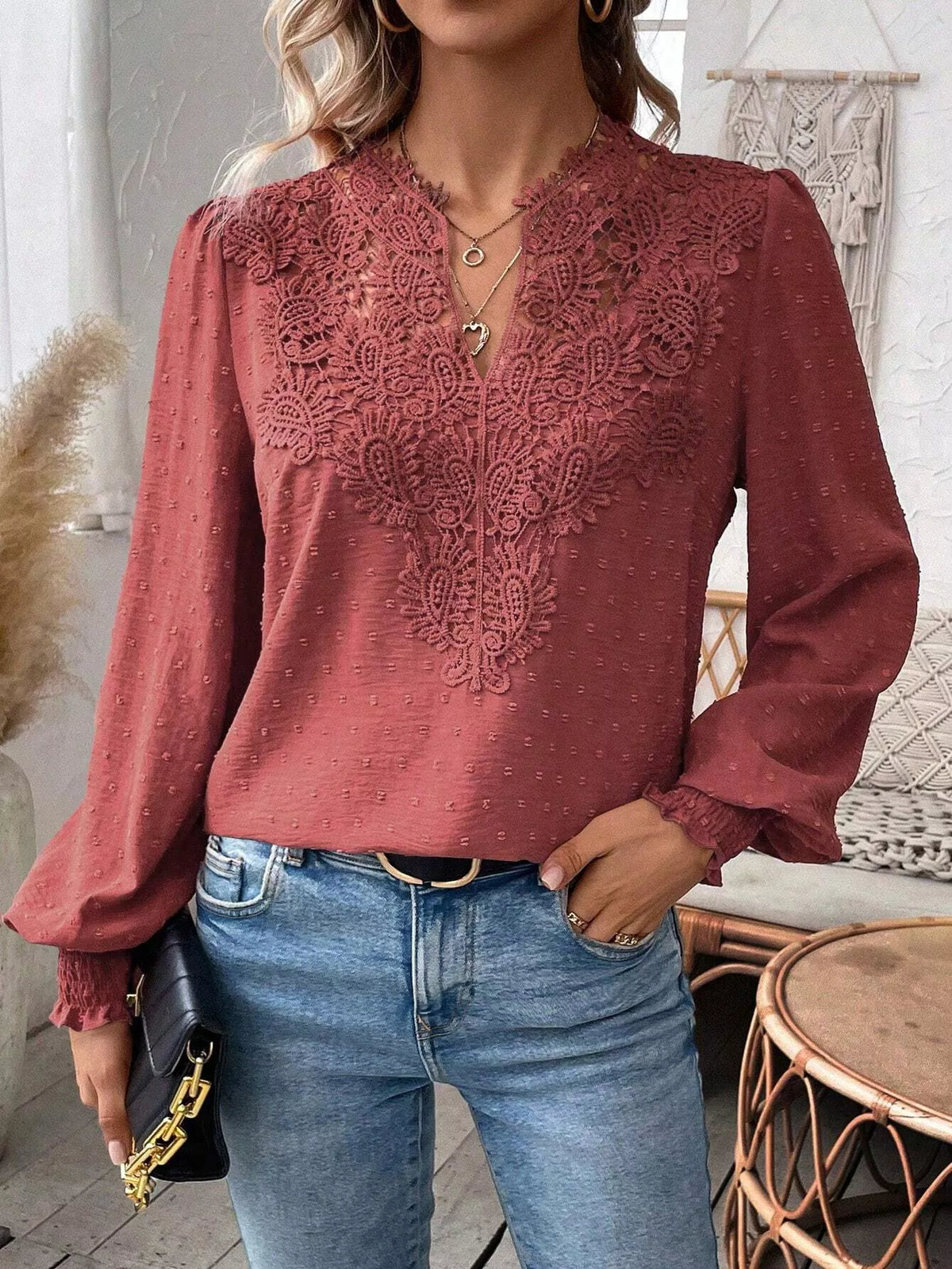 Lace Trim Long Sleeve Blouse