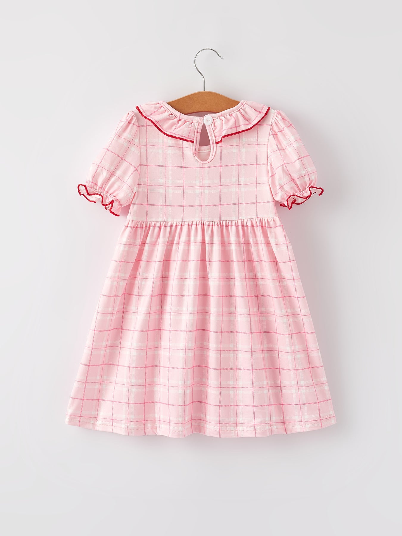 Vestido a cuadros rosa para niñas con aplicación de fresa
