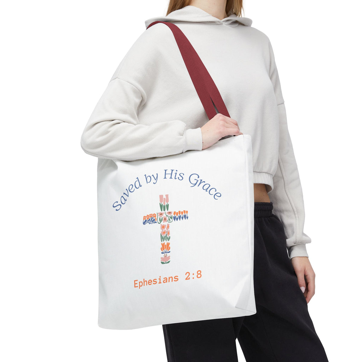 Bolsa tote cristiana — "Salva por Su gracia"