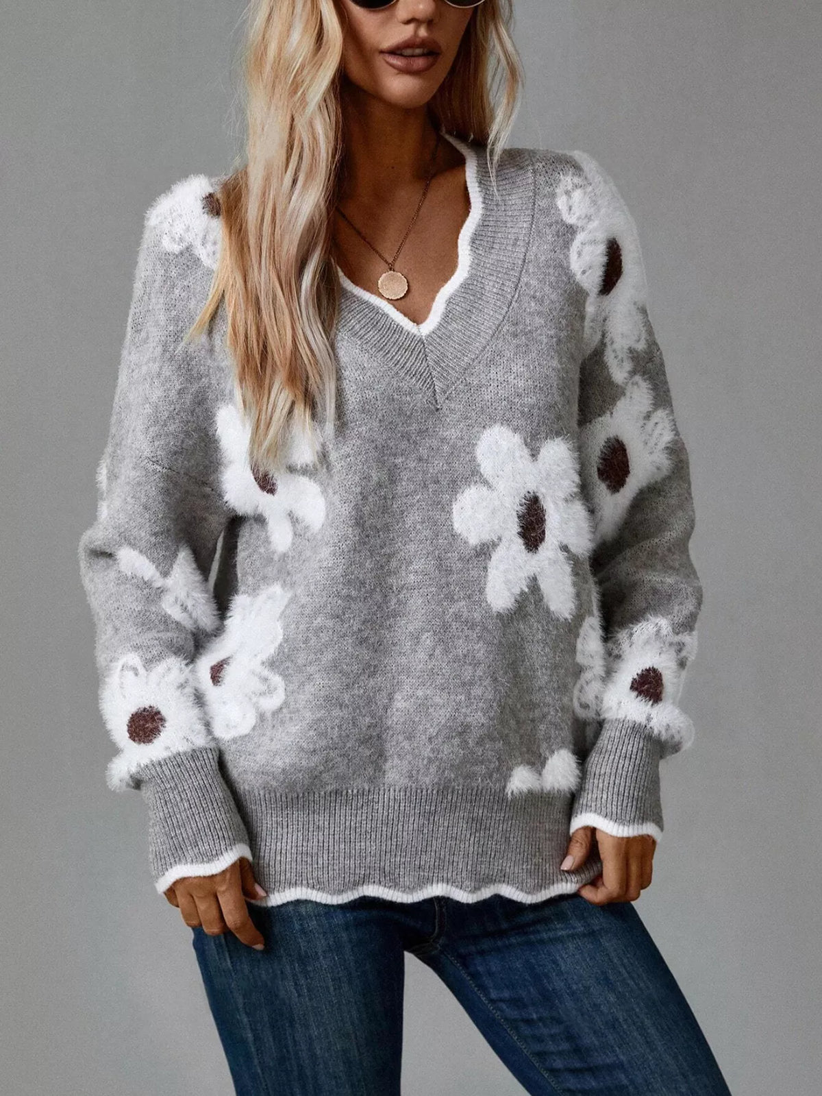 Suéter Floral de Manga Larga con Cuello en V