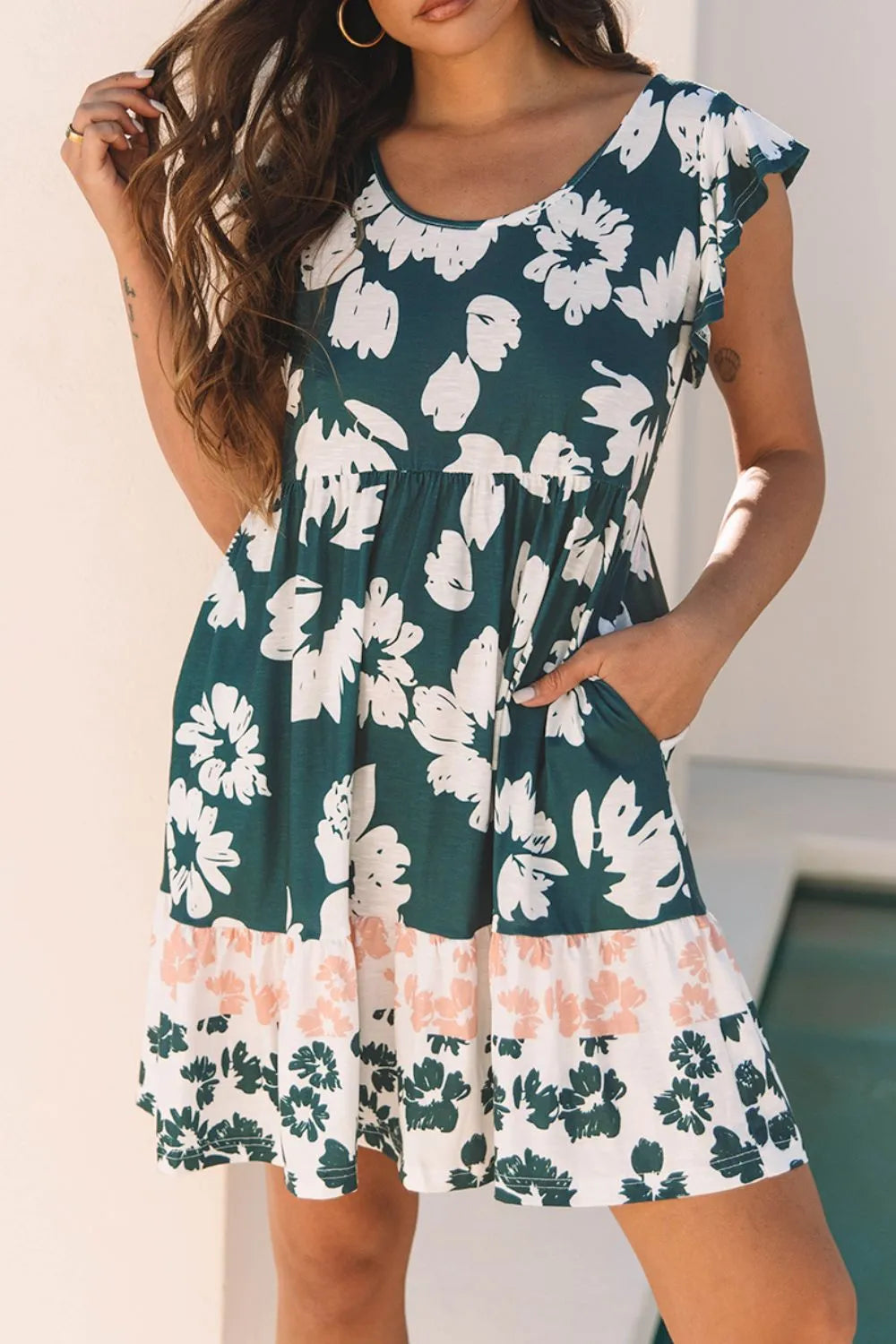Floral Print Ruffle Sleeve Empire Waist Mini Dress