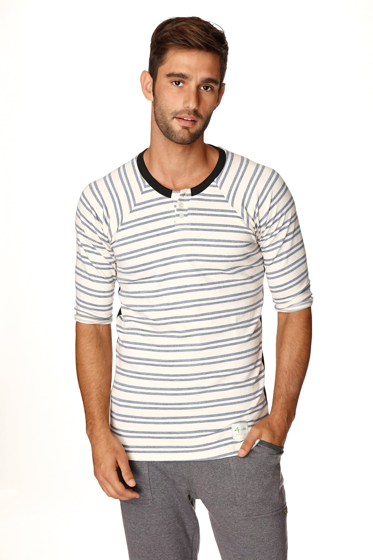 Camiseta Henley de rayas vintage para hombre 4-rth en tejido de rizo francés (raya azul fresca)