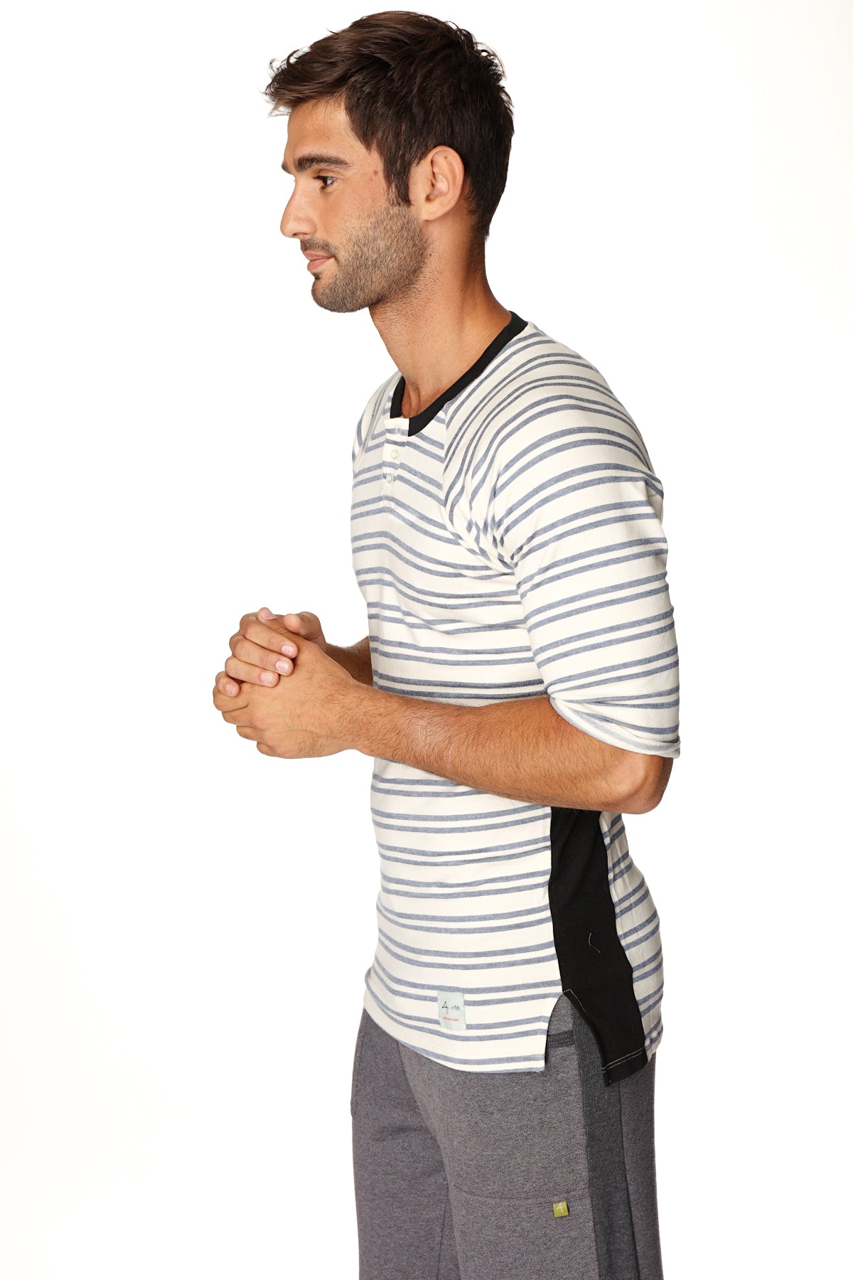 Camiseta Henley de rayas vintage para hombre 4-rth en tejido de rizo francés (raya azul fresca)