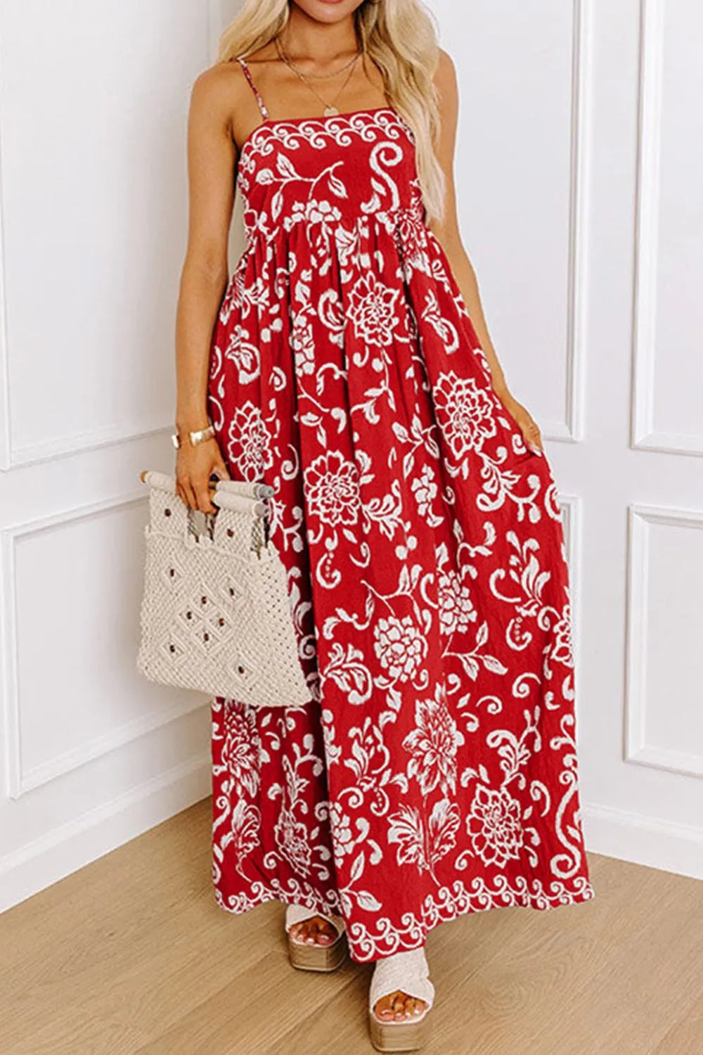 Floral Printed Spaghetti Strap Empire Waist Maxi Dress