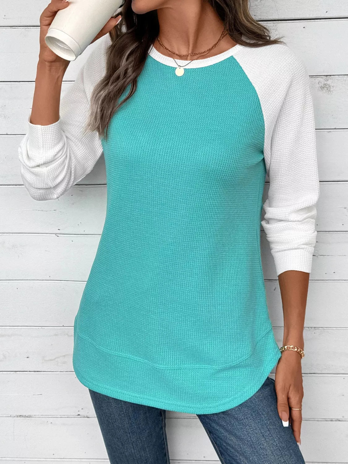 Camiseta de punto gofre con manga raglán