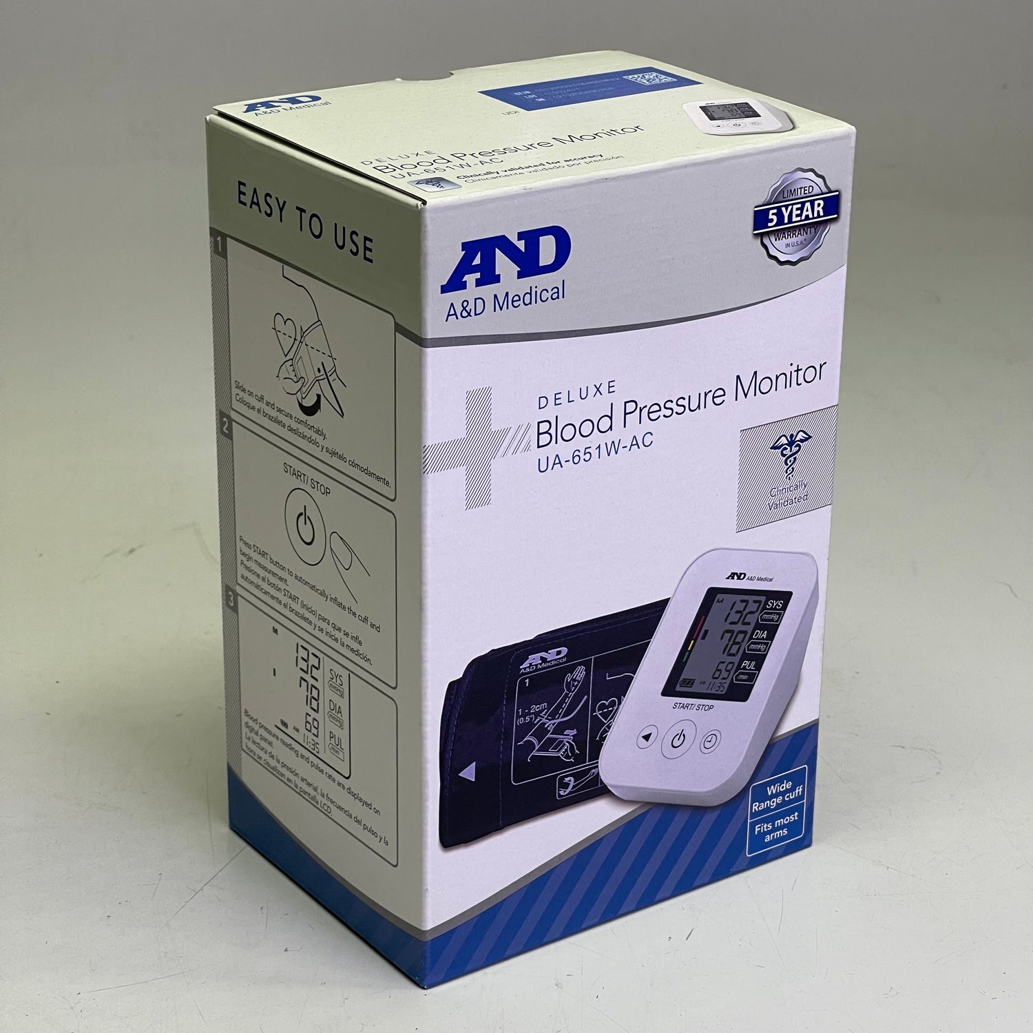 Monitor de presión arterial con brazalete de amplio rango A&D MEDICAL, blanco con negro, UA-651-AC