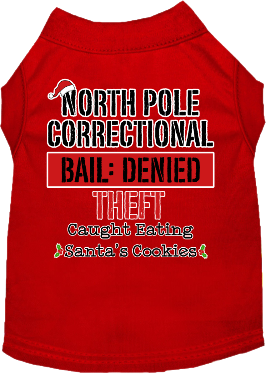 Camiseta navideña para perros y gatos serigrafiada con la frase "North Pole Correctional"
