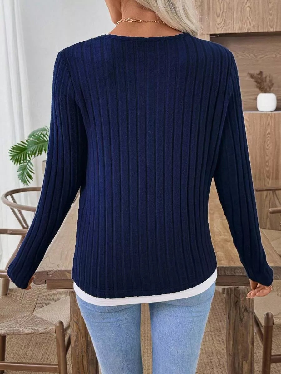 Camiseta Henley de manga larga de punto acanalado