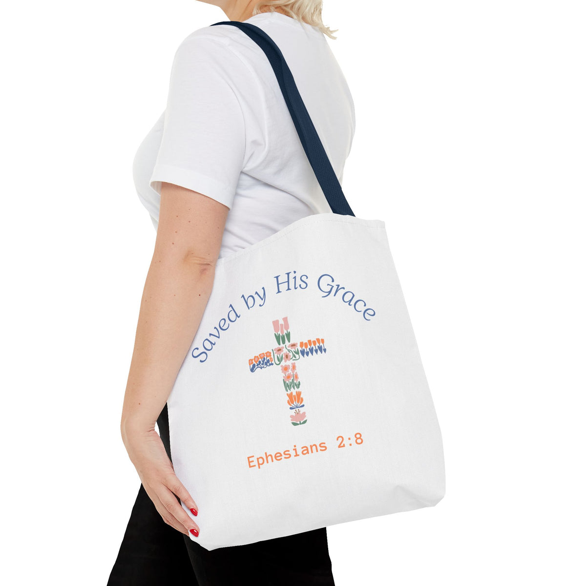 Bolsa tote cristiana — "Salva por Su gracia"