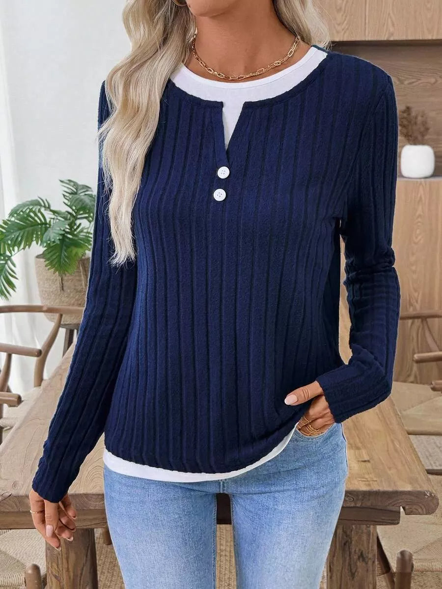 Camiseta Henley de manga larga de punto acanalado