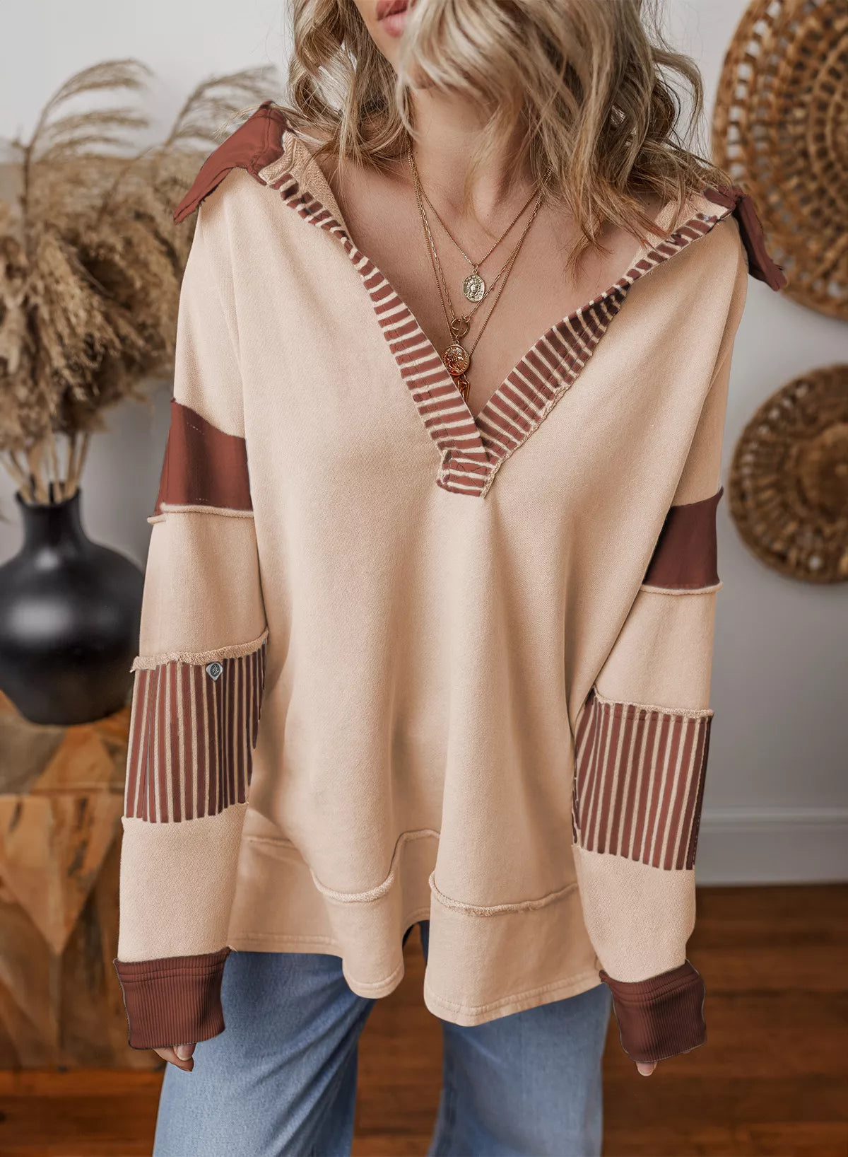 Sudadera con cuello Johnny, bloques de color y rayas