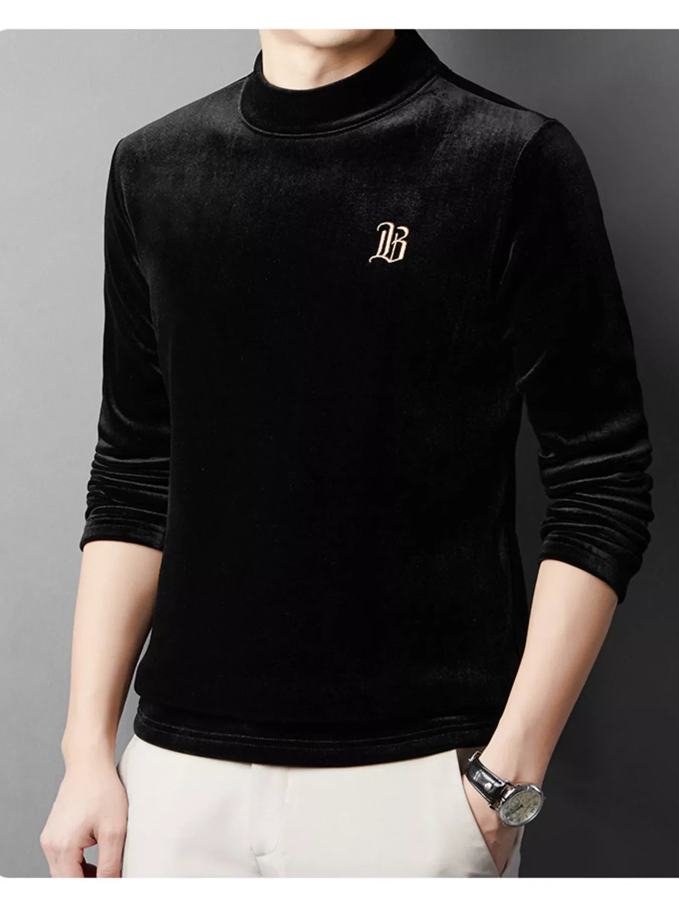 Camiseta de terciopelo bordada cálida de talla grande para hombre